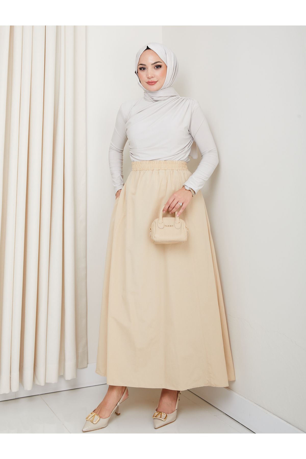 FERHEL-6 Piece Flared Hijab Skirt with Pockets and Elastic Waist 5