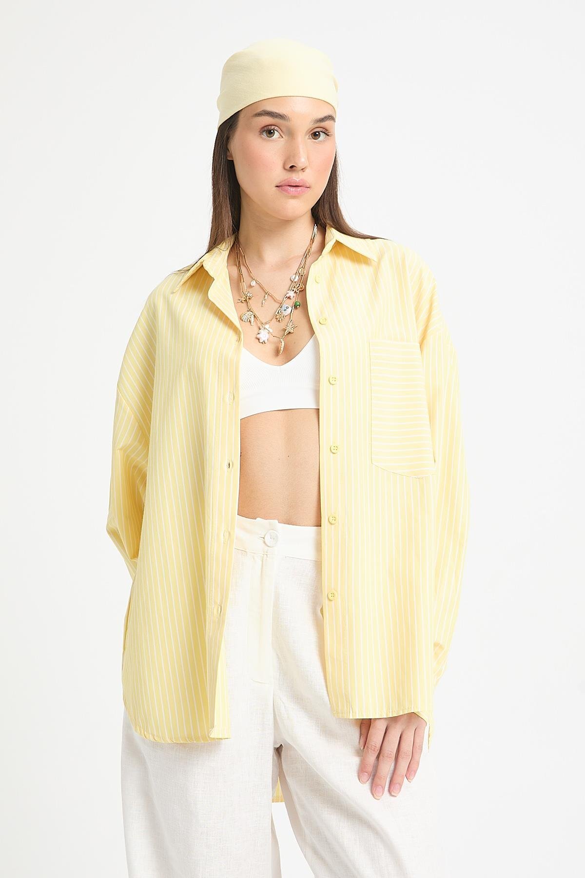 minaaise  Sarı Beyaz Çizgili Oversize Cepli Gömlek 27135 - Görsel 6