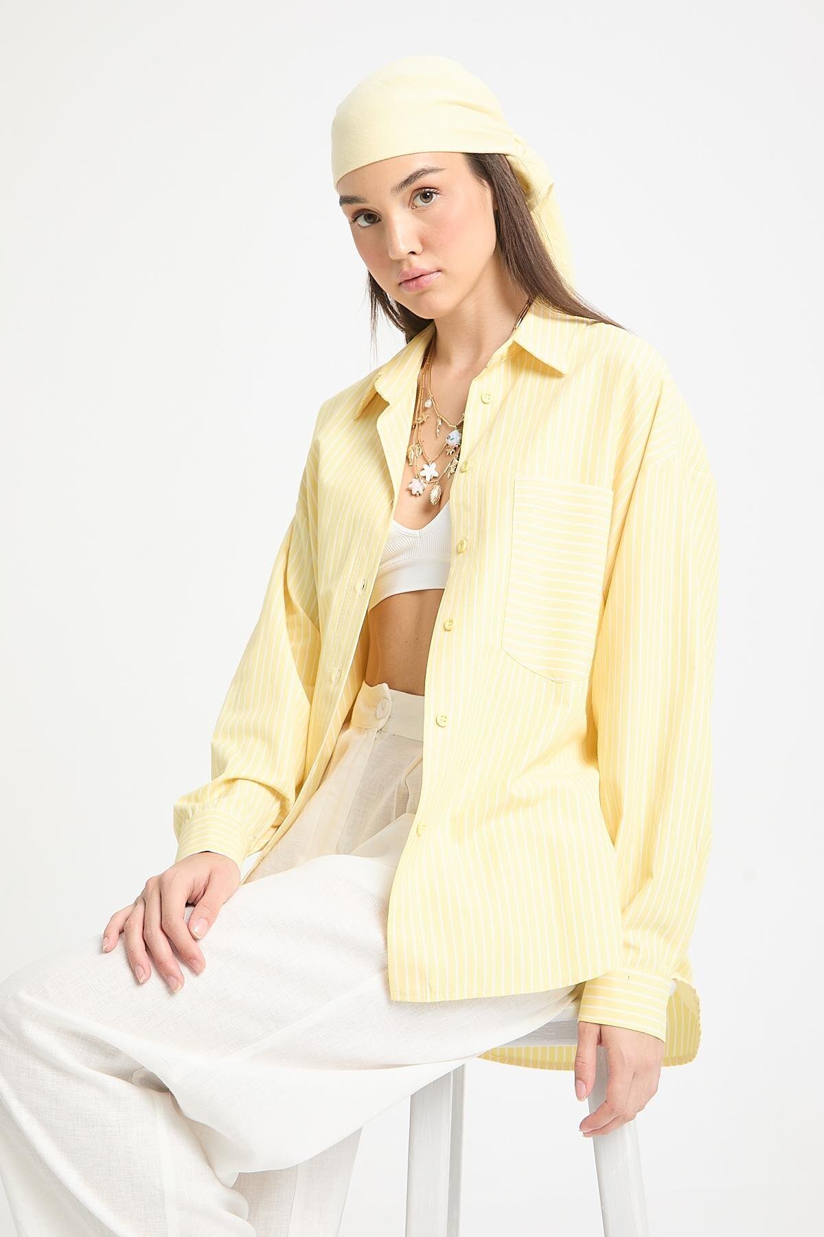 minaaise  Sarı Beyaz Çizgili Oversize Cepli Gömlek 27135 - Görsel 8