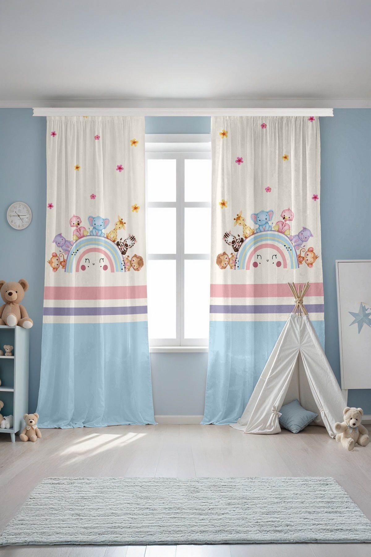 EVPANYA-Colorful Smiling Rainbow Animals Patterned Children's Baby Room Background Curtain (Single Wing Pricing) 3