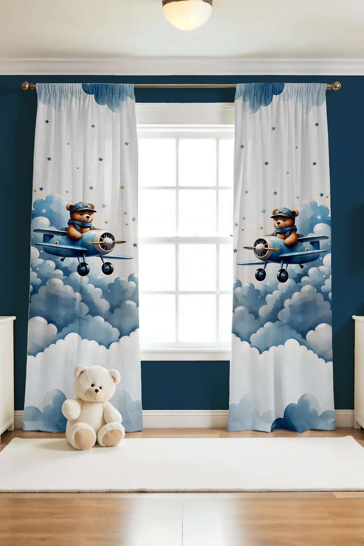 Evpanya Mavi Uçaklı Ayıcık Desenli Çocuk Bebek Odası Fon Perde (Tek Kanat Fiyatlandırma) fotoğrafı 3 (önizleme)