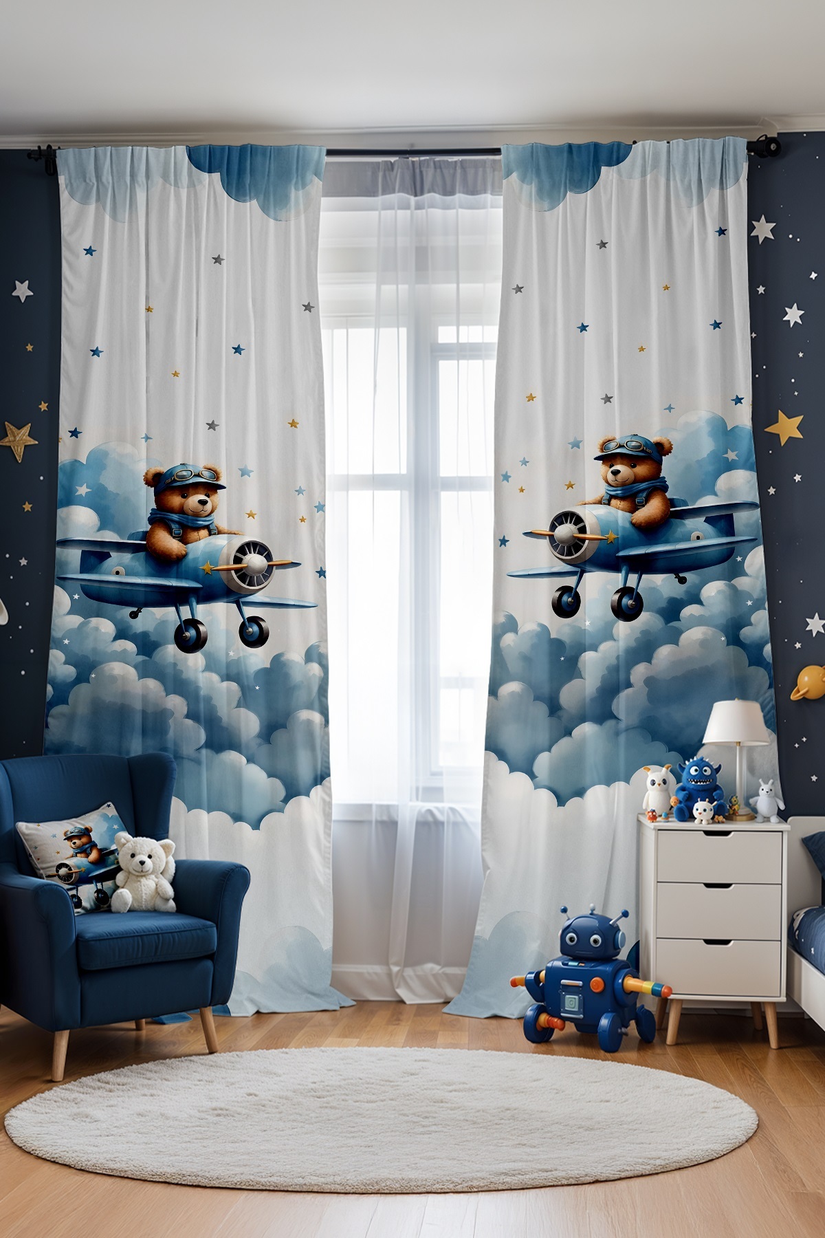 Evpanya Mavi Uçaklı Ayıcık Desenli Çocuk Bebek Odası Fon Perde (Tek Kanat Fiyatlandırma) fotoğrafı 2 (önizleme)
