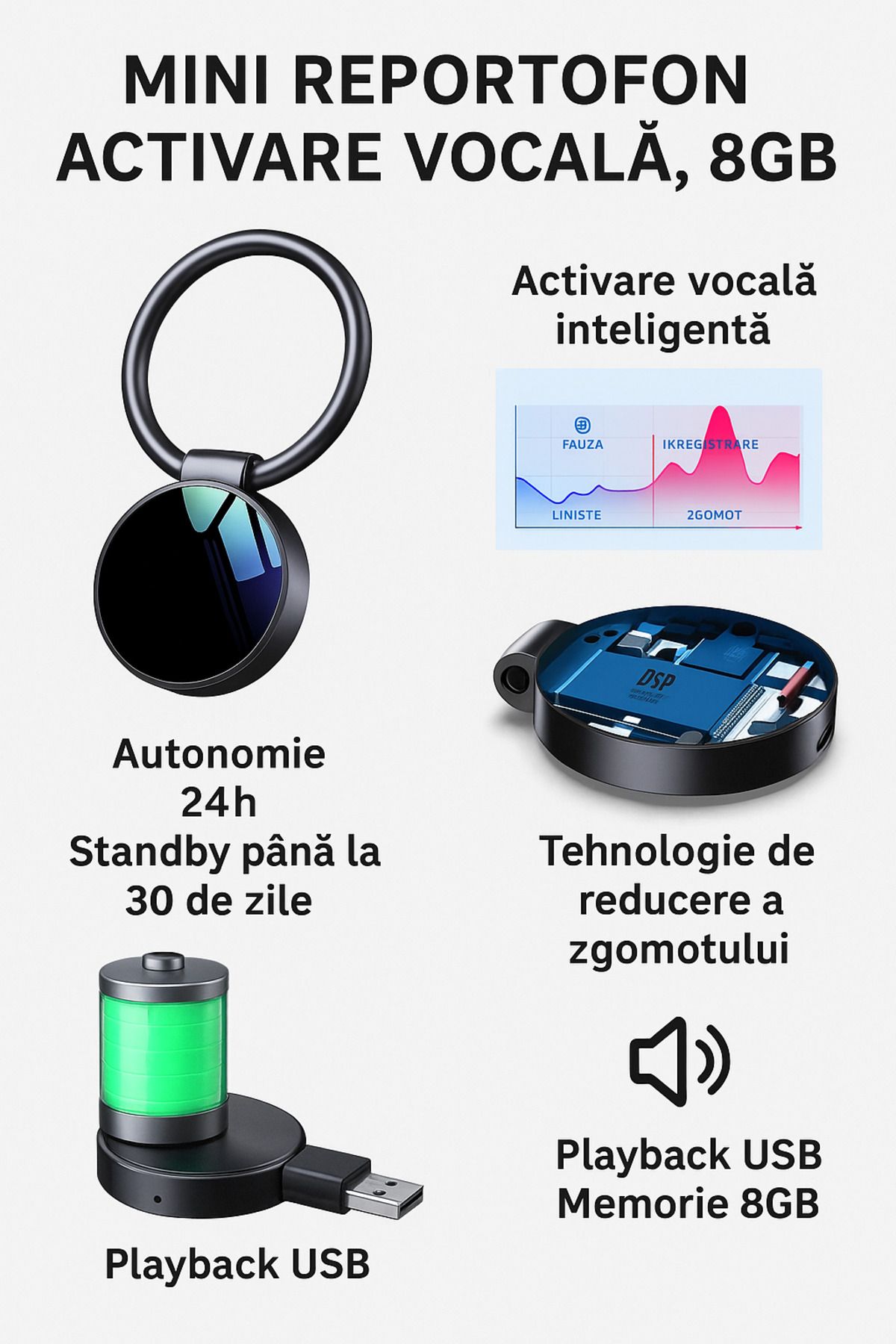 7LIFE-Mini reportofon breloc, S30, activare vocala, 8 GB 5
