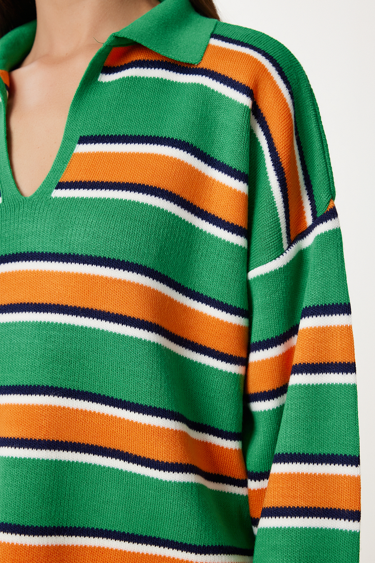 Happiness İstanbul  Kadın Yeşil Oranj Polo Yaka Çizgili Triko Kazak Kİ00145 - Görsel 5
