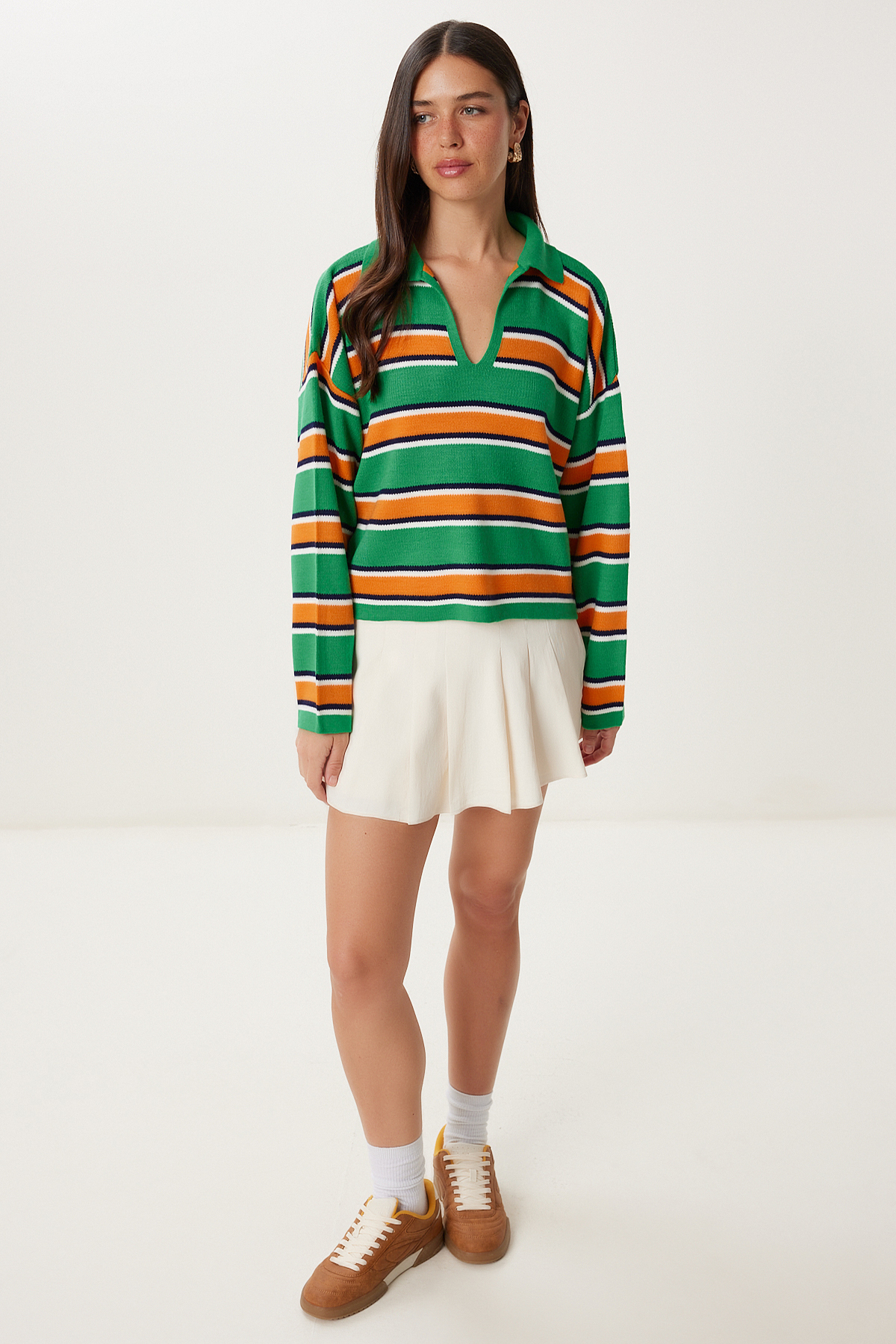 Happiness İstanbul  Kadın Yeşil Oranj Polo Yaka Çizgili Triko Kazak Kİ00145 - Görsel 4