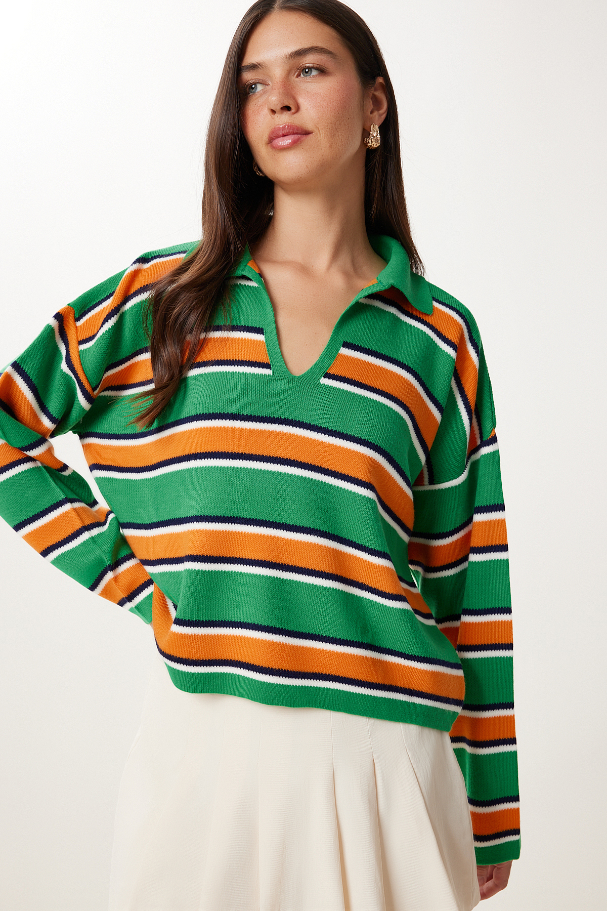 Happiness İstanbul  Kadın Yeşil Oranj Polo Yaka Çizgili Triko Kazak Kİ00145 - Görsel 2