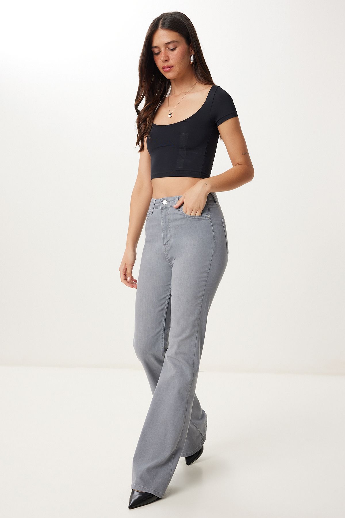 Kadın Gri Geniş Paça Denim Jean FQ00002
