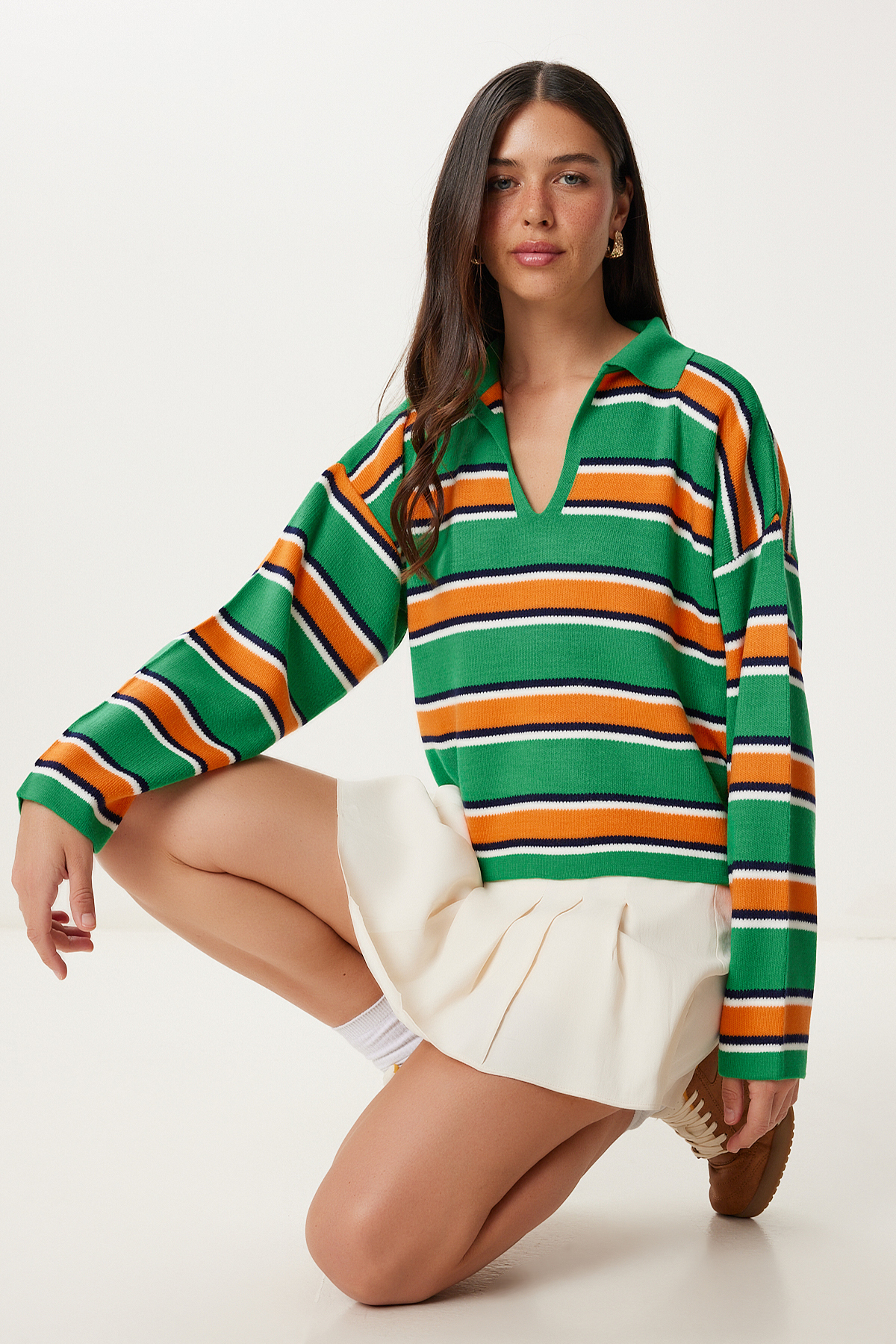 Happiness İstanbul  Kadın Yeşil Oranj Polo Yaka Çizgili Triko Kazak Kİ00145