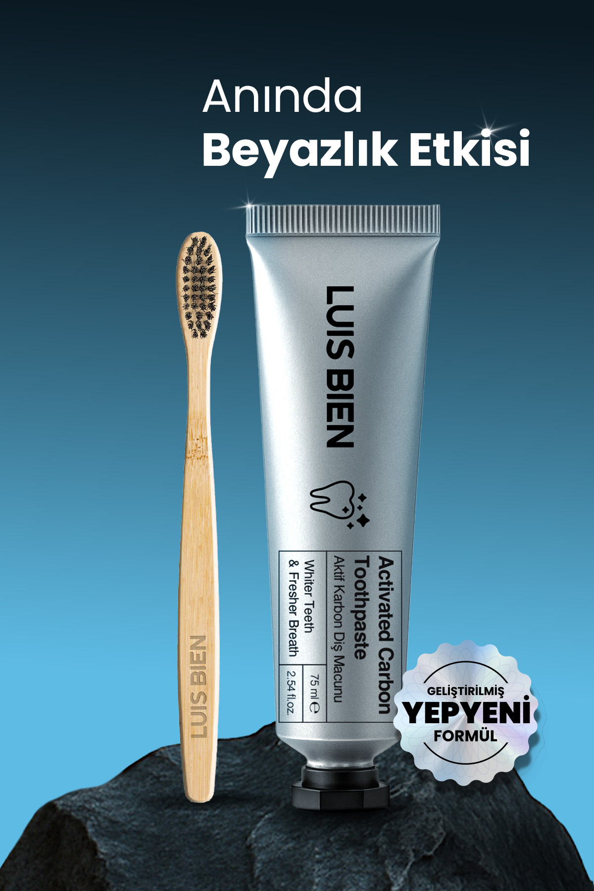 Luis Bien Aktif Karbon Diş Temizleme Macunu 75 ml + Bambu Diş Fırçası Set | Çay, Kahve&Sigara Lekelerine Karşı