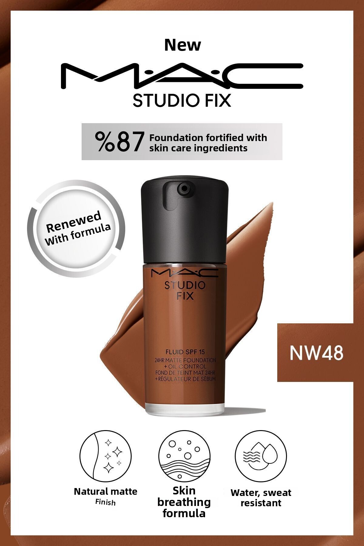 M.A.C-30 Ml New Natural Matte Finish Studio Fix Fluid SPF 15 Matte Foundation-NW48 1