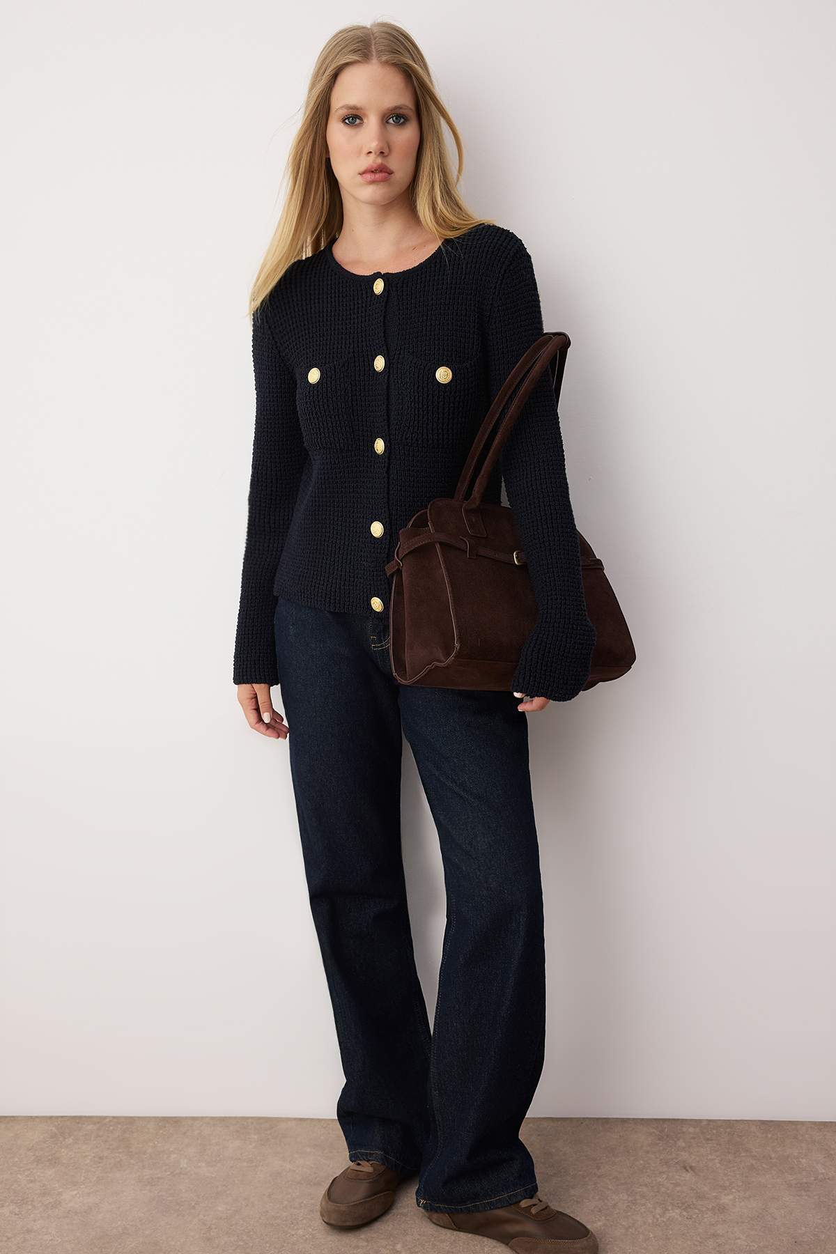 Trendyolmilla  Lacivert Dokulu Pamuk Karışımlı Triko Hırka TWOAW26HI00101 - Görsel 2