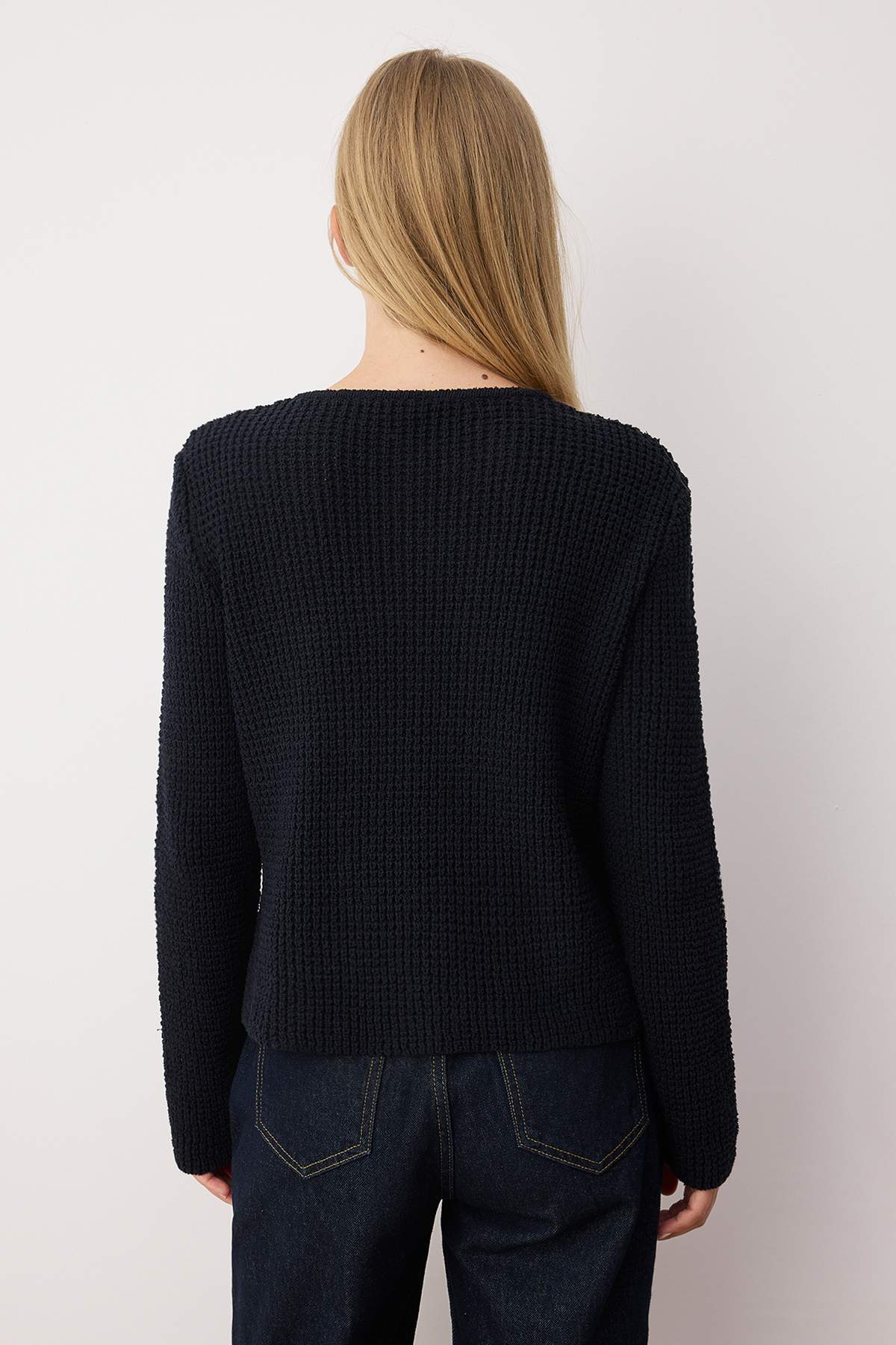 Trendyolmilla  Lacivert Dokulu Pamuk Karışımlı Triko Hırka TWOAW26HI00101 - Görsel 4