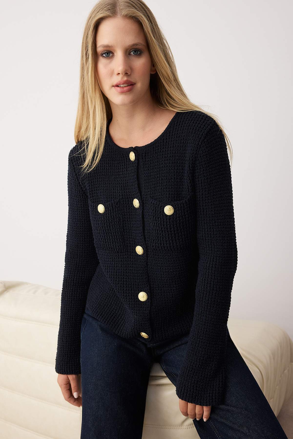 Trendyolmilla  Lacivert Dokulu Pamuk Karışımlı Triko Hırka TWOAW26HI00101