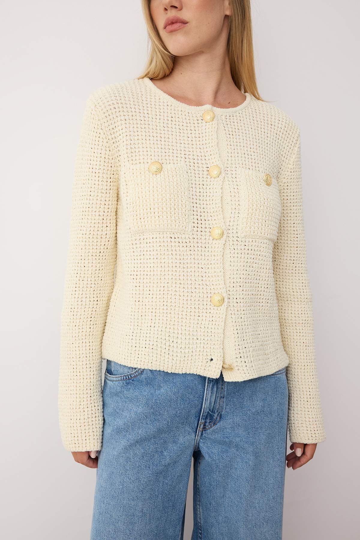 Trendyolmilla  Ekru Dokulu Pamuk Karışımlı Triko Hırka TWOAW26HI00101 - Görsel 3