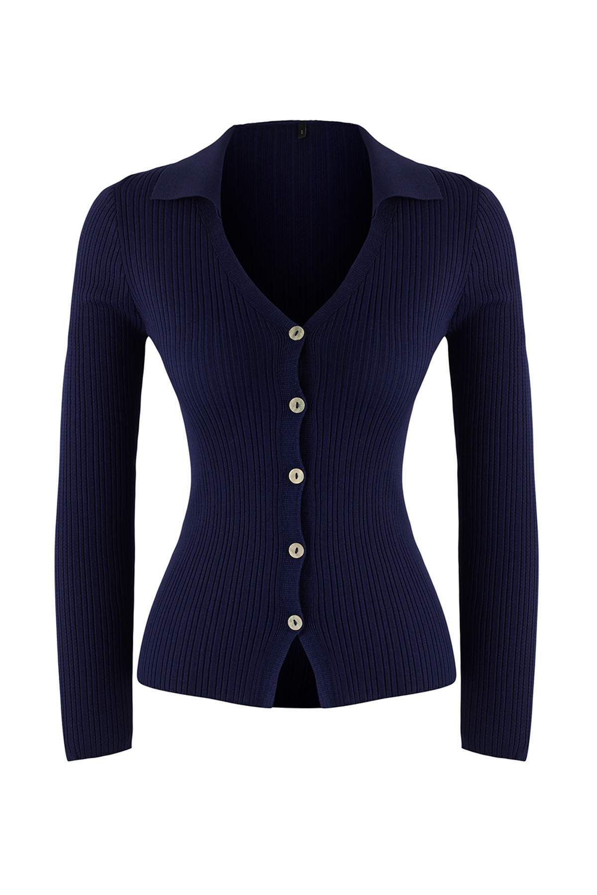 Trendyolmilla  Wardrobe Essentials Lacivert Fitted/Vücuda Oturan Merserize Görünümlü Triko Hırka TWOAW26HI00113 - Görsel 5