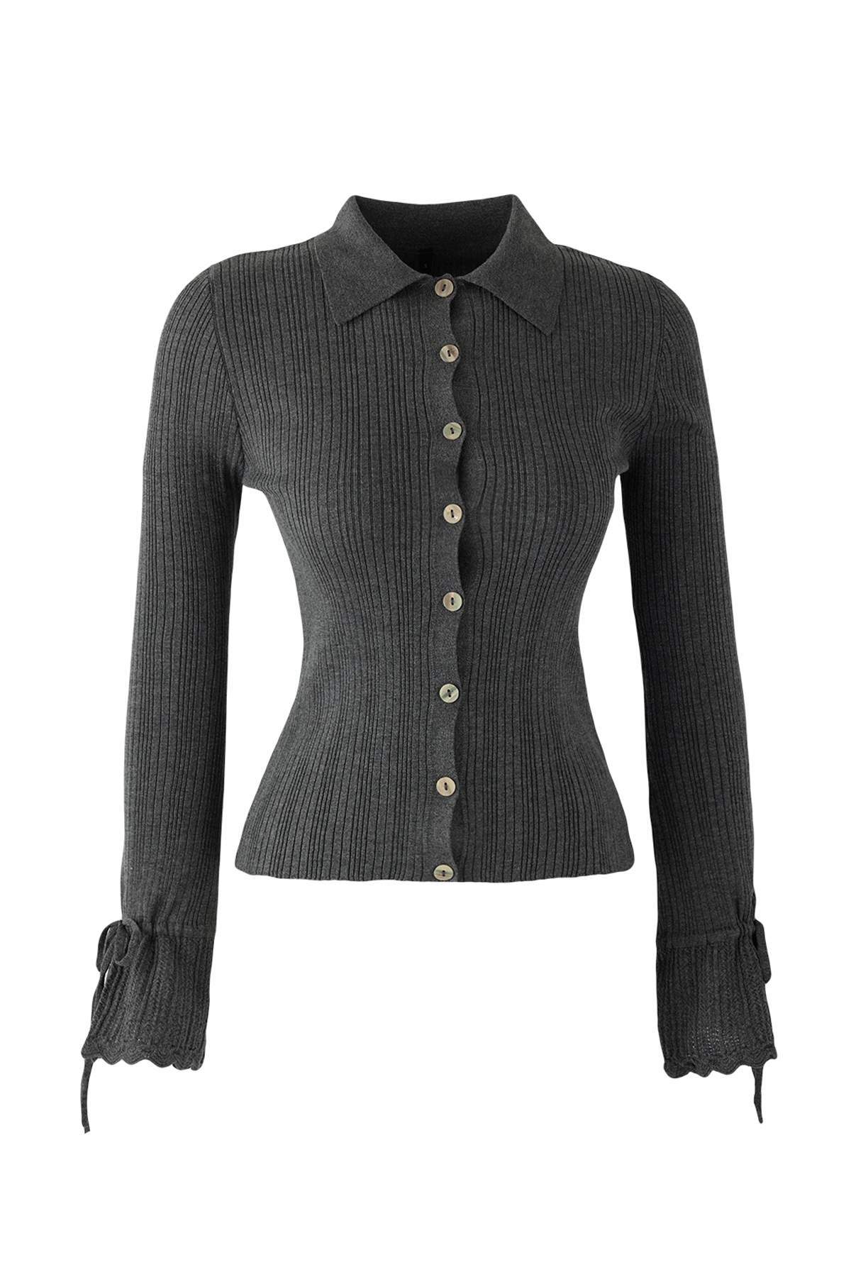 Trendyolmilla  Antrasit Merserize Görünümlü Fitilli Polo Yaka Triko Hırka TWOAW26HI00111 - Görsel 5