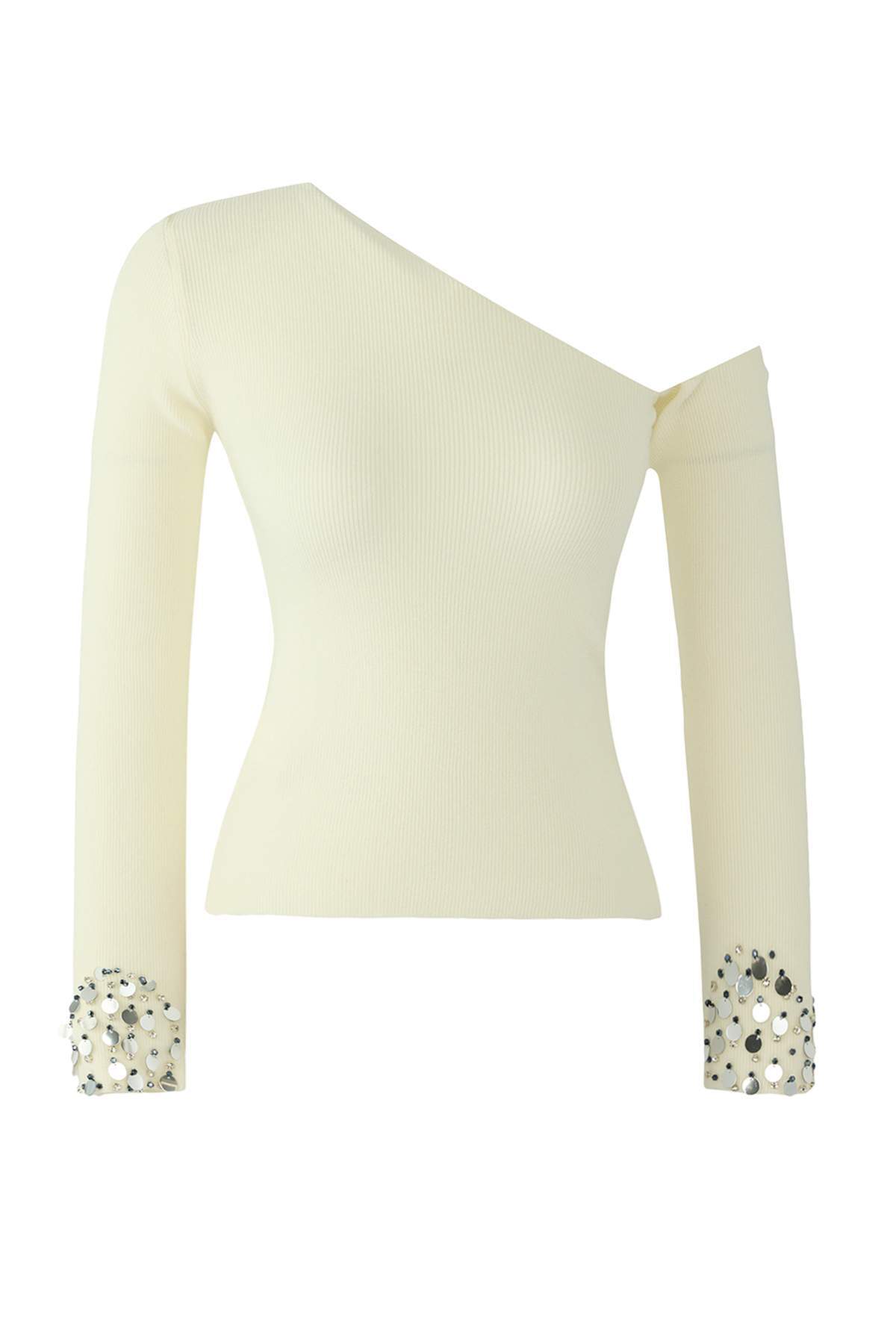 Trendyolmilla  Ekru Premium İplik/Özel İplik Asimetrik Yaka Kol Ucu Payetli Triko Kazak TWOAW26KZ00020 - Görsel 5