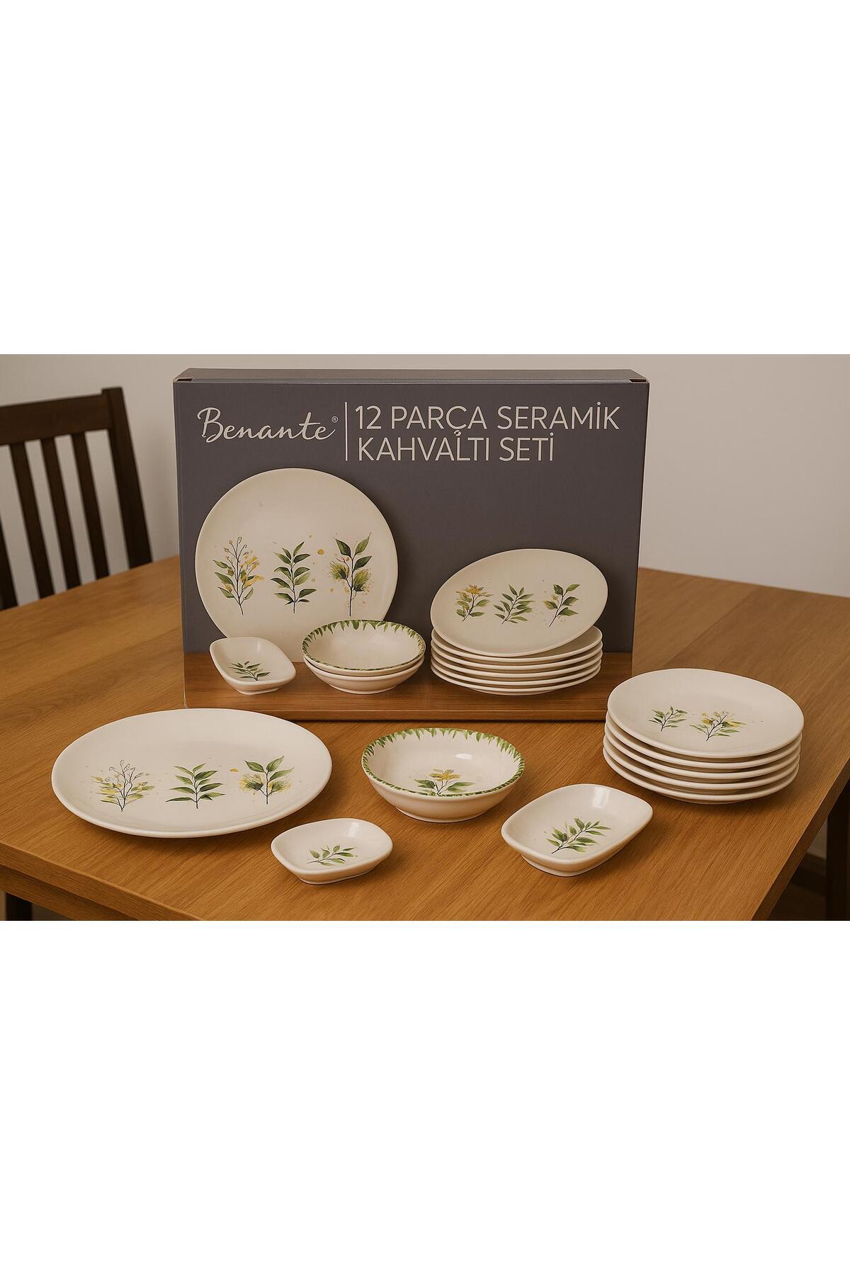 Benante 6 Kişilik 12 Parça Yaprak Desenli Seramik Kahvaltı Seti