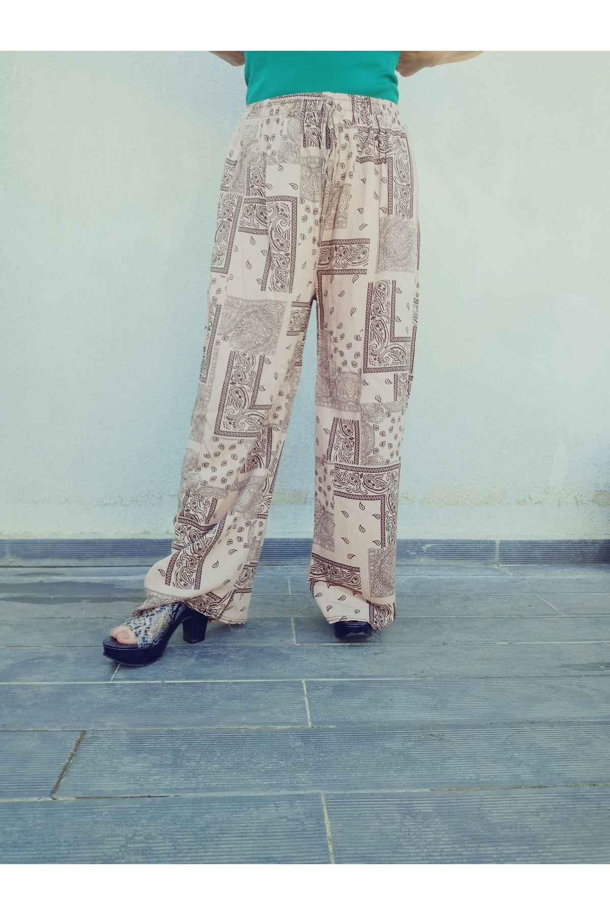 hoaryage-Ethnic Patterned 100% Cotton Viscose Pressed Trousers with Elastic Waist36-42Size 5