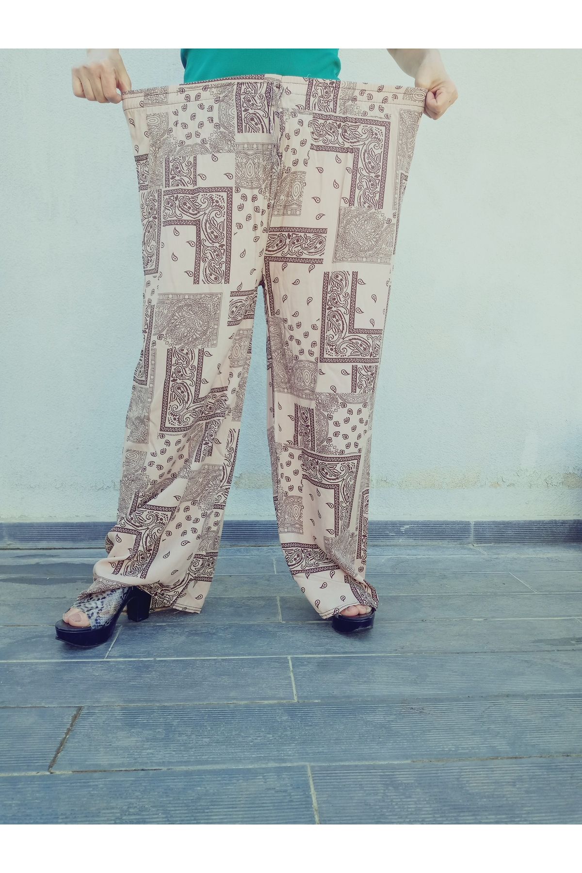 hoaryage-Ethnic Patterned 100% Cotton Viscose Pressed Trousers with Elastic Waist36-42Size 4