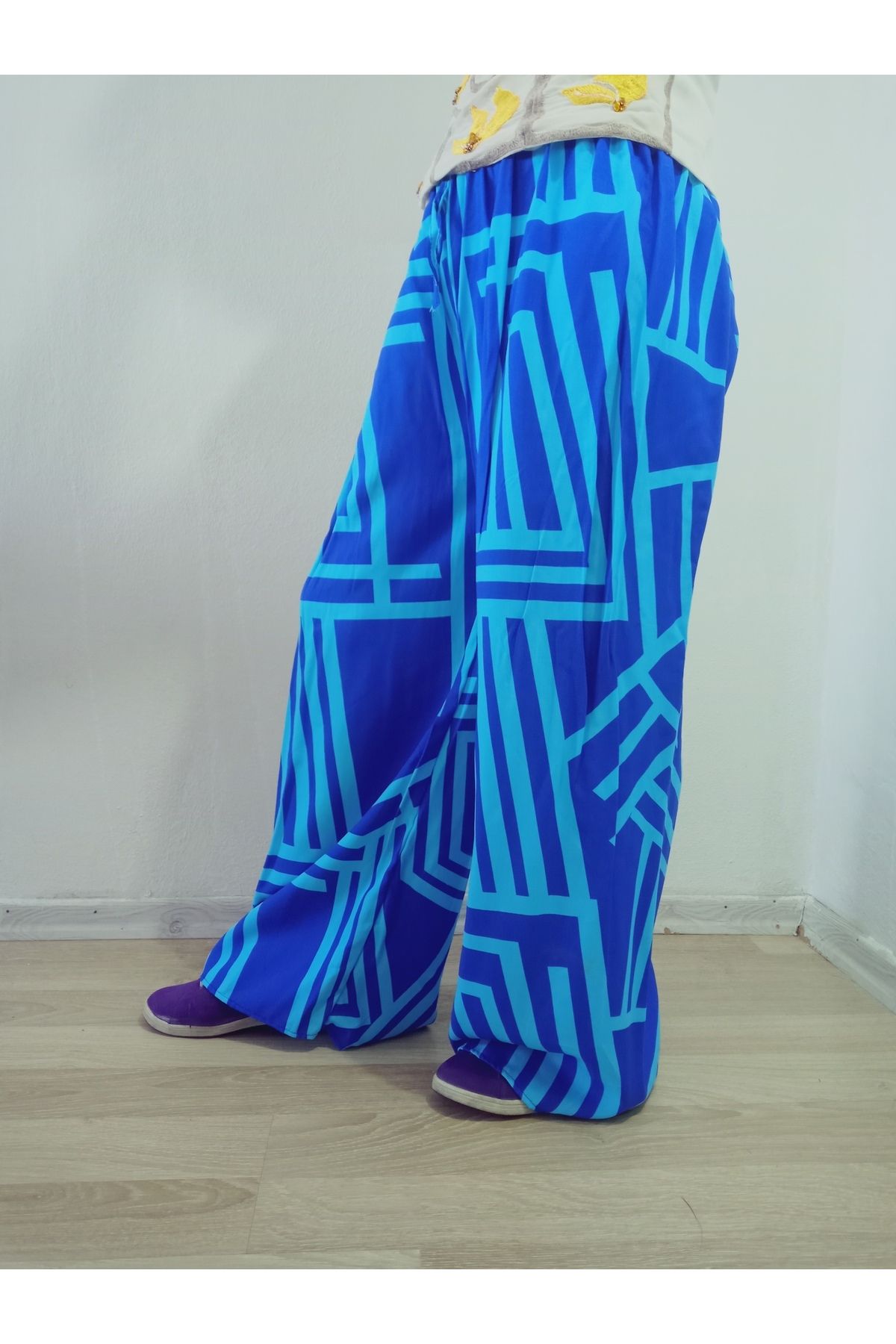 hoaryage-Ethnic Patterned 100% Cotton Viscose Pressed Trousers with Elastic Waist36-44Sizes 1