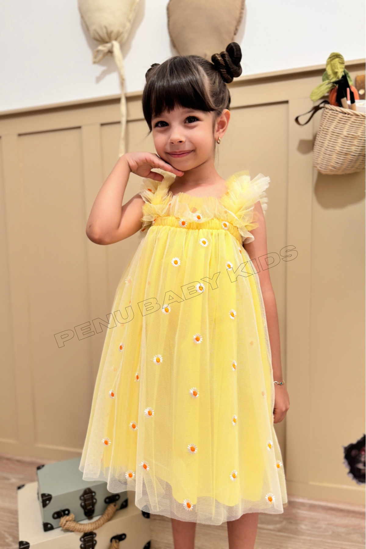 penu baby kids Sarı Nakış Papatya Işlemeli Askılı Kız Bebek & Kız Çocuk Elbise - Margarita fotoğrafı 2 (önizleme)