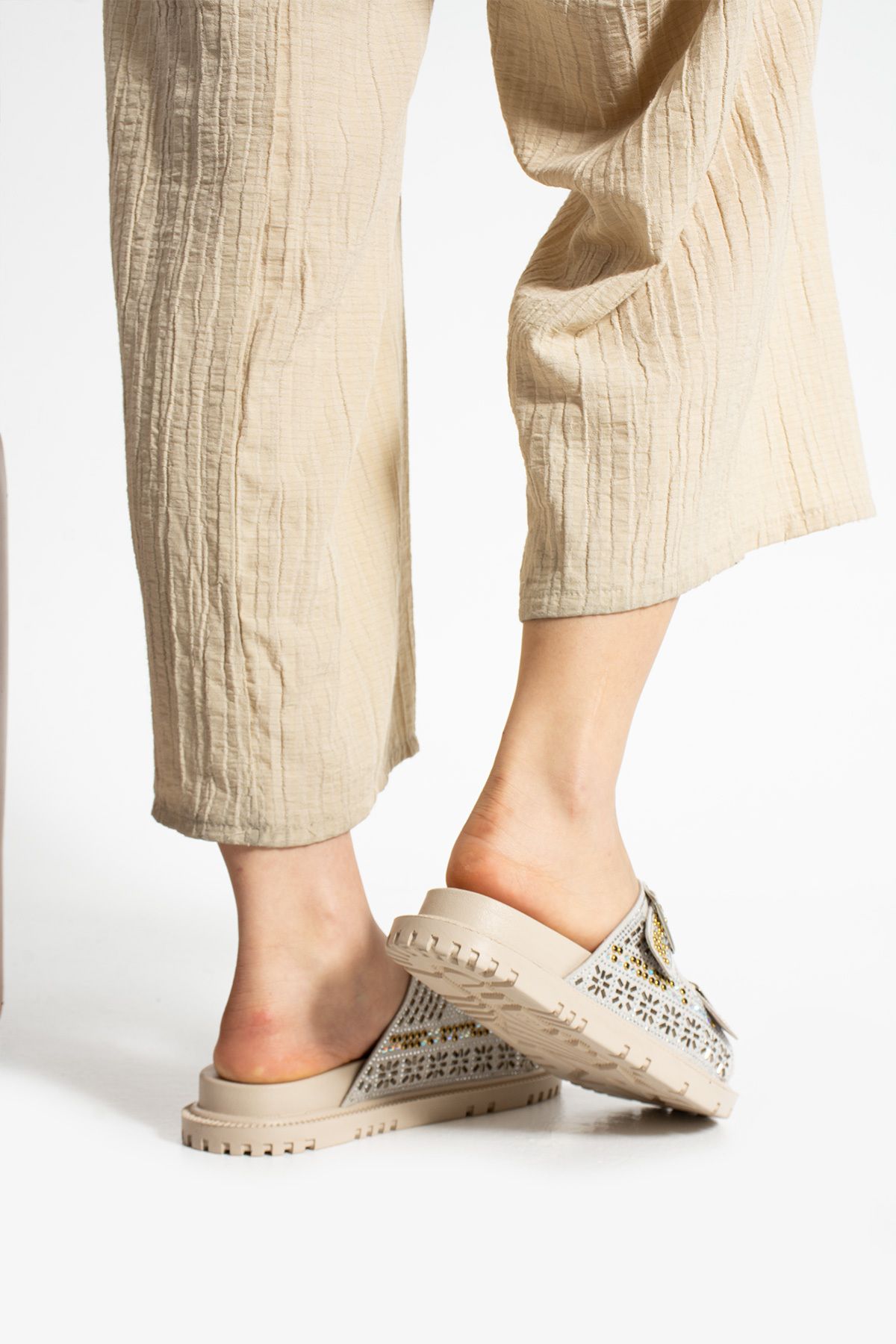 Moda Devrin-Beige Double Buckle Stone Anatomical Comfortable Sole Slippers 3