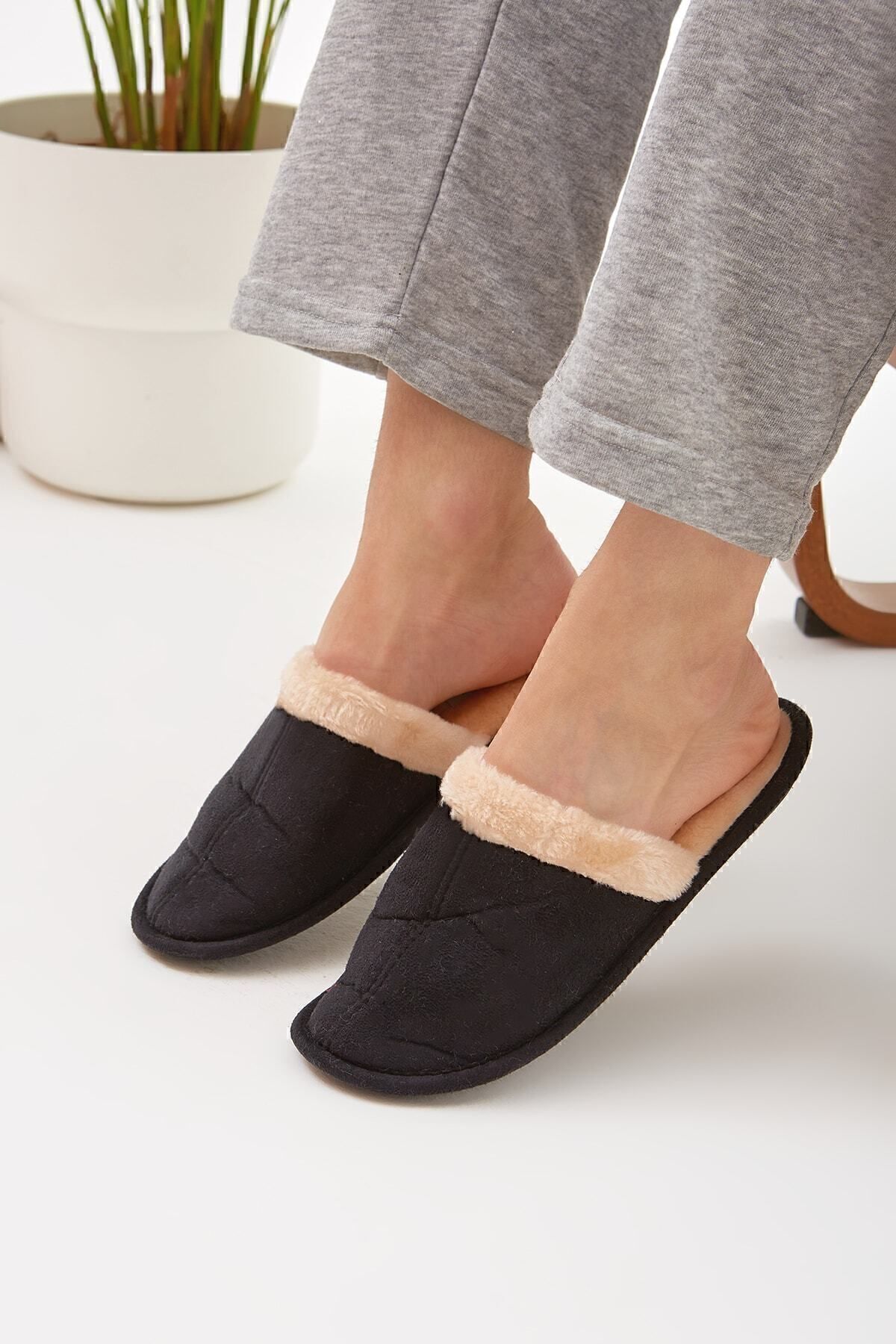 Moda Devrin-Μαύρες κλειστές γούνινες παντόφλες εσωτερικού χώρου Χειμερινές παντόφλες (στενή εφαρμογή) 5