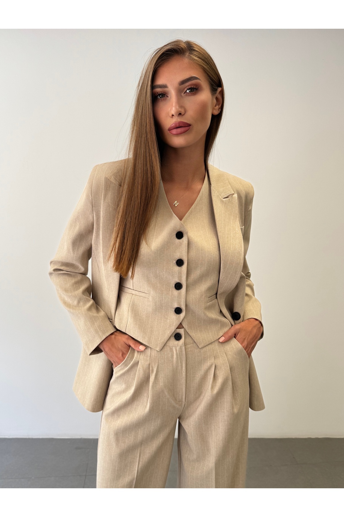 ossons Çizgi Desenli Pantolon Ceket Yelek 3 lü Takım Elbise