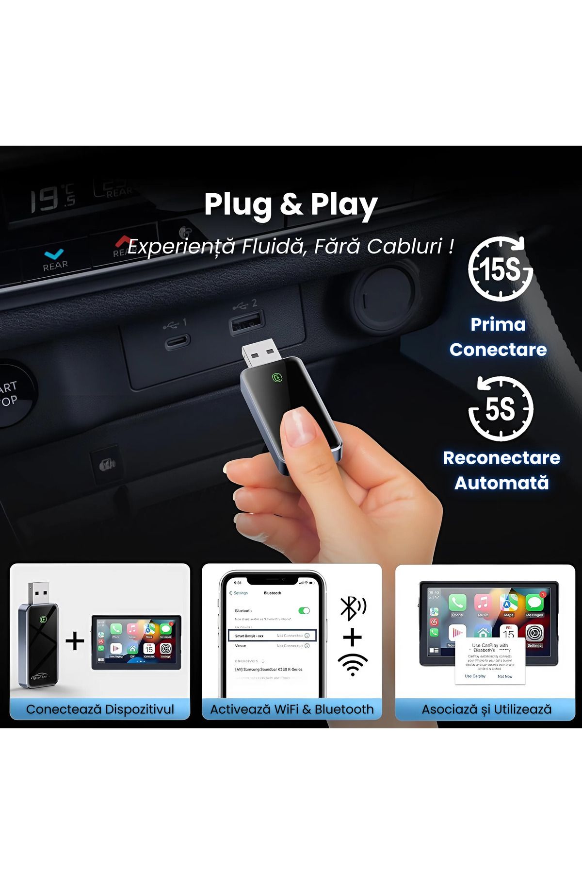 Vala Tech-Adaptor Auto Carplay/android Auto ®️, Wireless, Plug&play,ios10 Android 11 3