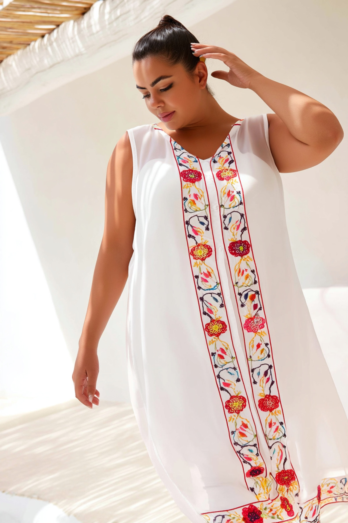 Hanezza-Women's Large Size White Zero Sleeve 42-52 Embroidered Below the Knee Slit Crepe Vest 1