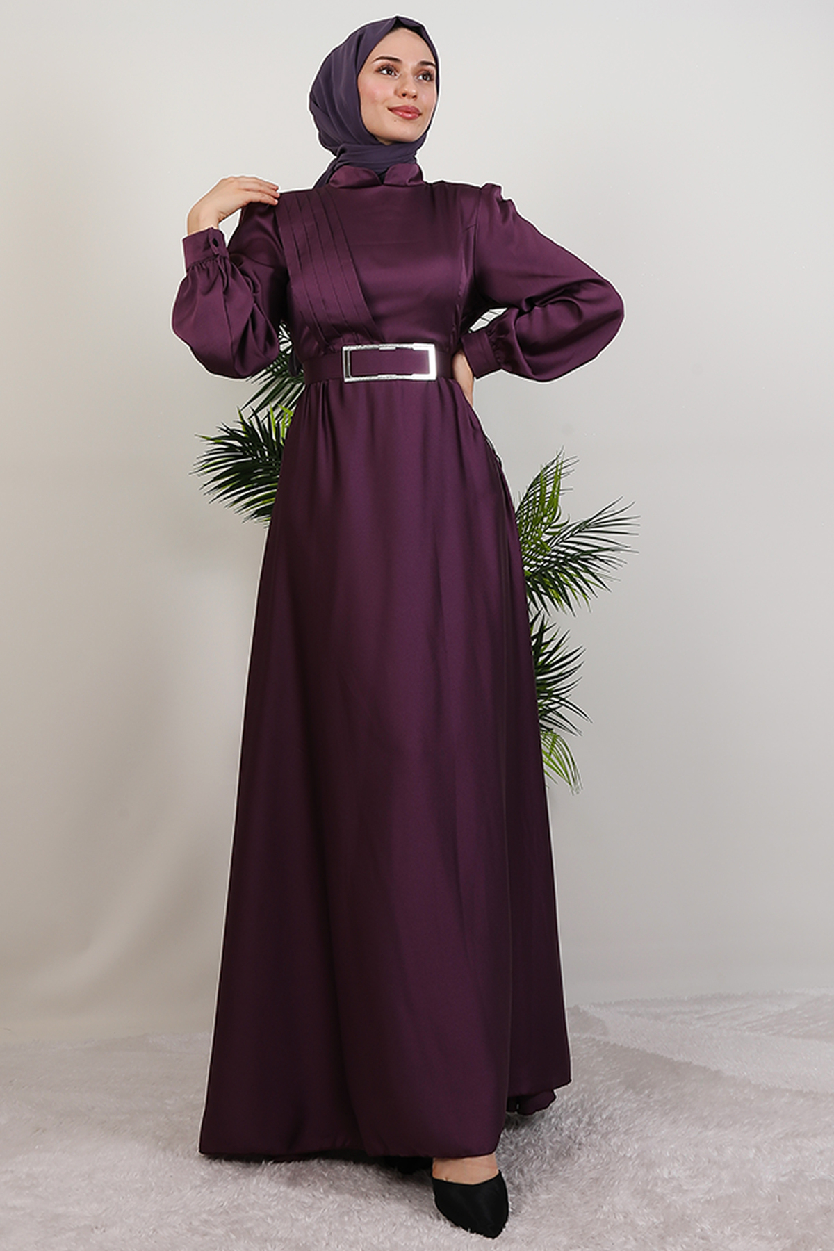Pleated Front Modest Evening Dress - Lilac