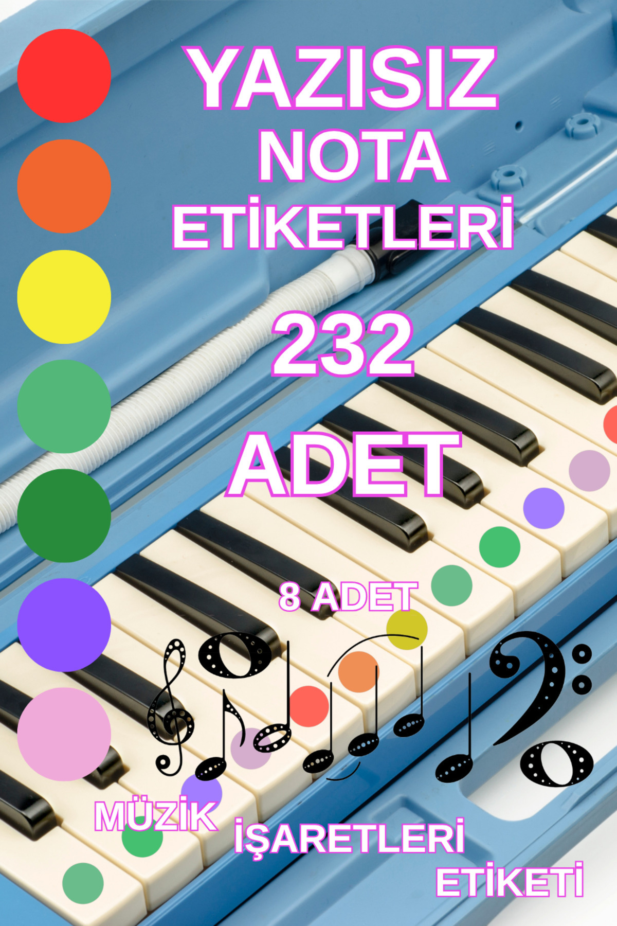 Pink Swan Craft Piyano & Org Tuşları Renkli Yazısız Etiket Seti – 232 Adet Nota ve Müzik Sembolü Sticker