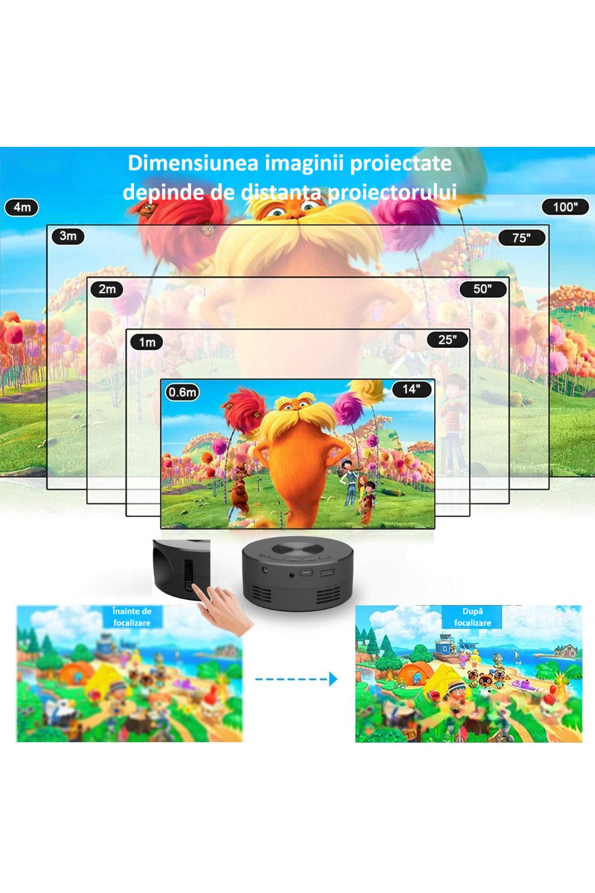 zyteq-Mini proiector ZYTEQ®️ YT200, LED, difuzor integrat, USB, pt Android/iOS, compact, negru 4