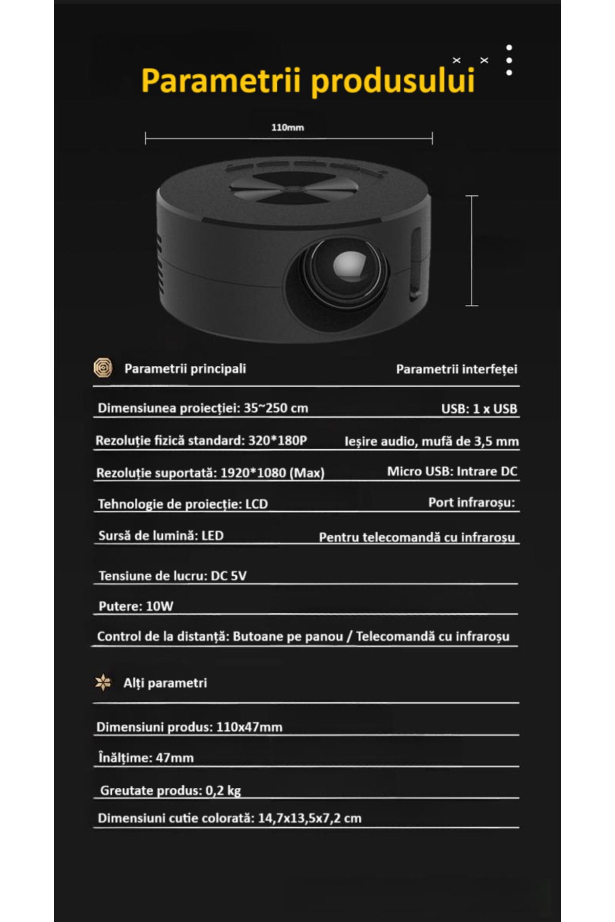 zyteq-Mini proiector ZYTEQ®️ YT200, LED, difuzor integrat, USB, pt Android/iOS, compact, negru 8