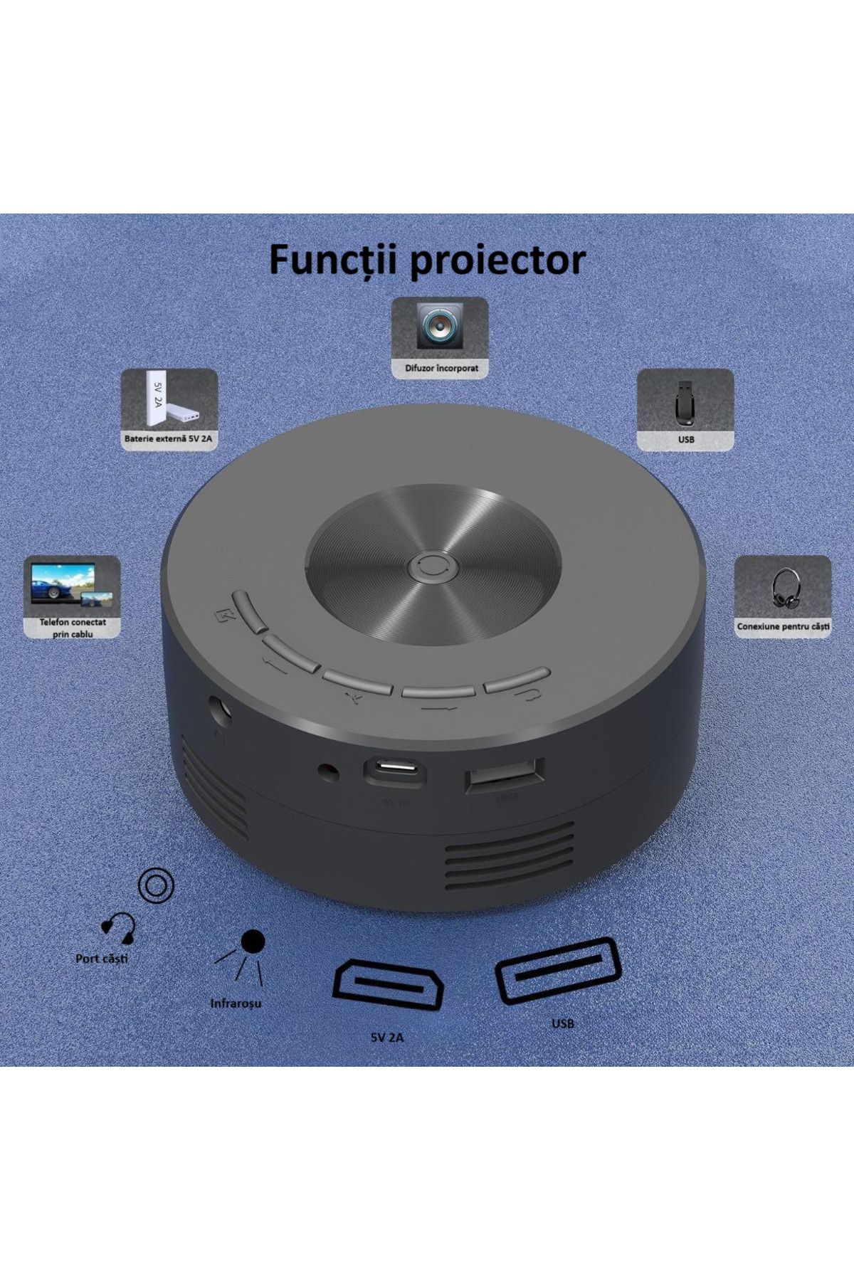 zyteq-Mini proiector ZYTEQ®️ YT200, LED, difuzor integrat, USB, pt Android/iOS, compact, negru 2