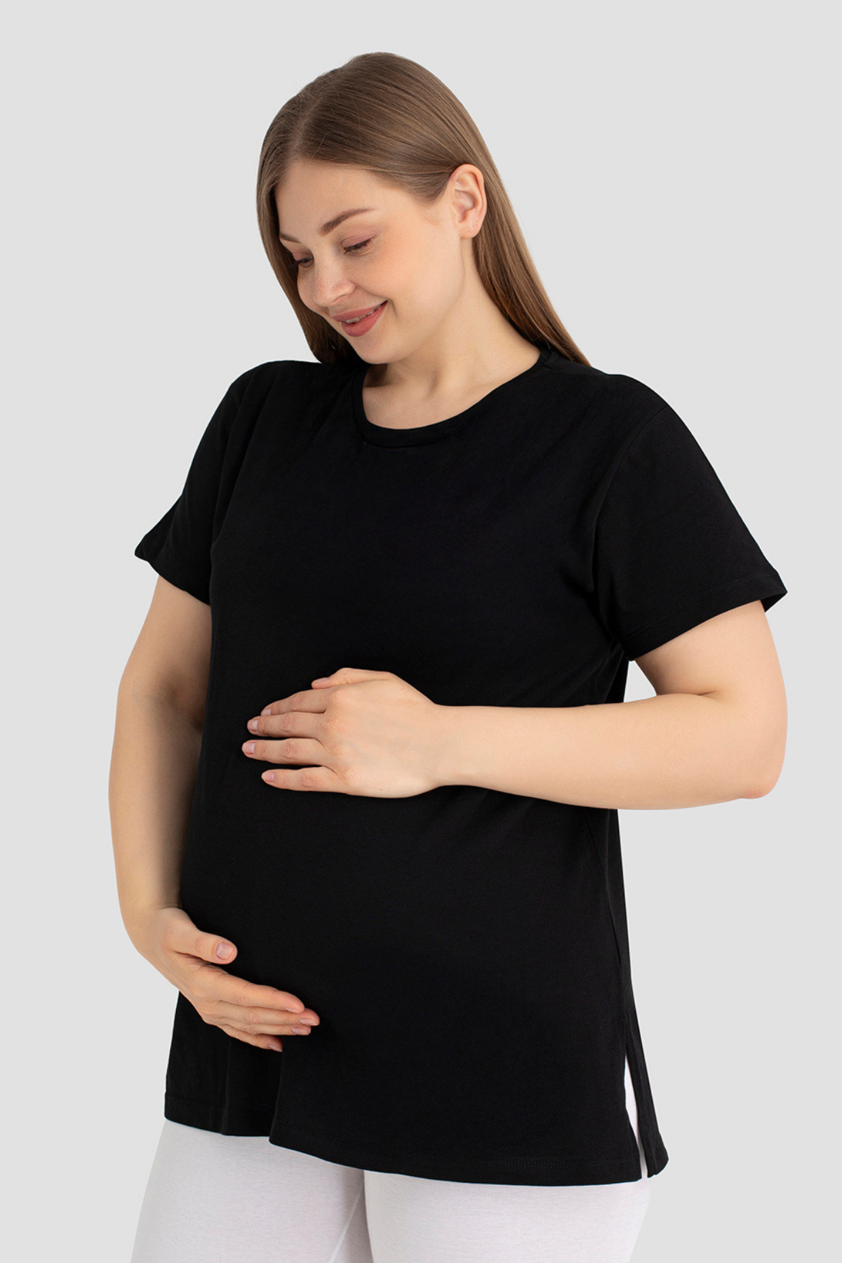 Pamuklu Likralı Siyah Kısa Kollu Hamile Tişört Rahat ve Nefes Alan Hamile Giyim