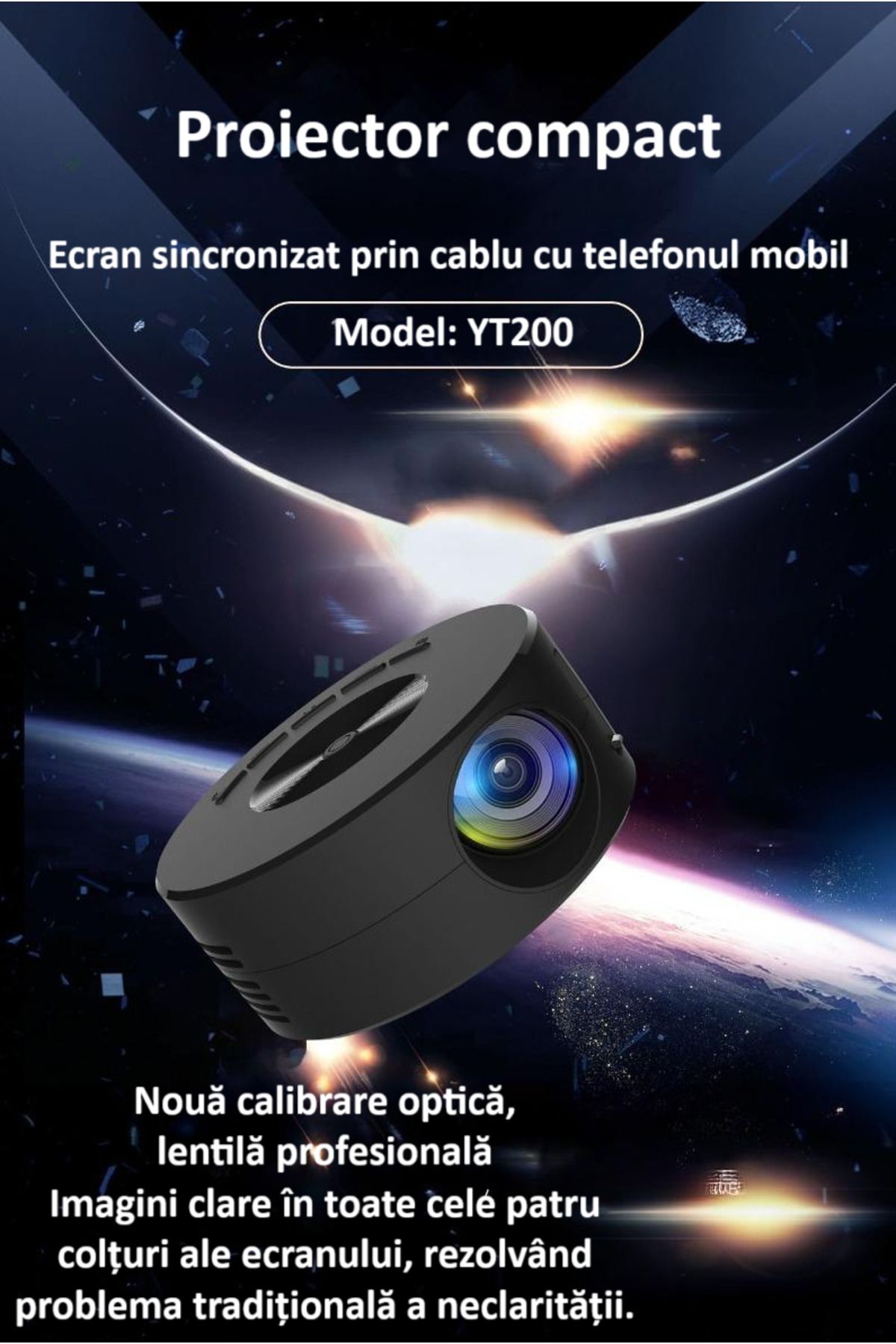 zyteq-Mini proiector ZYTEQ®️ YT200, LED, difuzor integrat, USB, pt Android/iOS, compact, negru 7