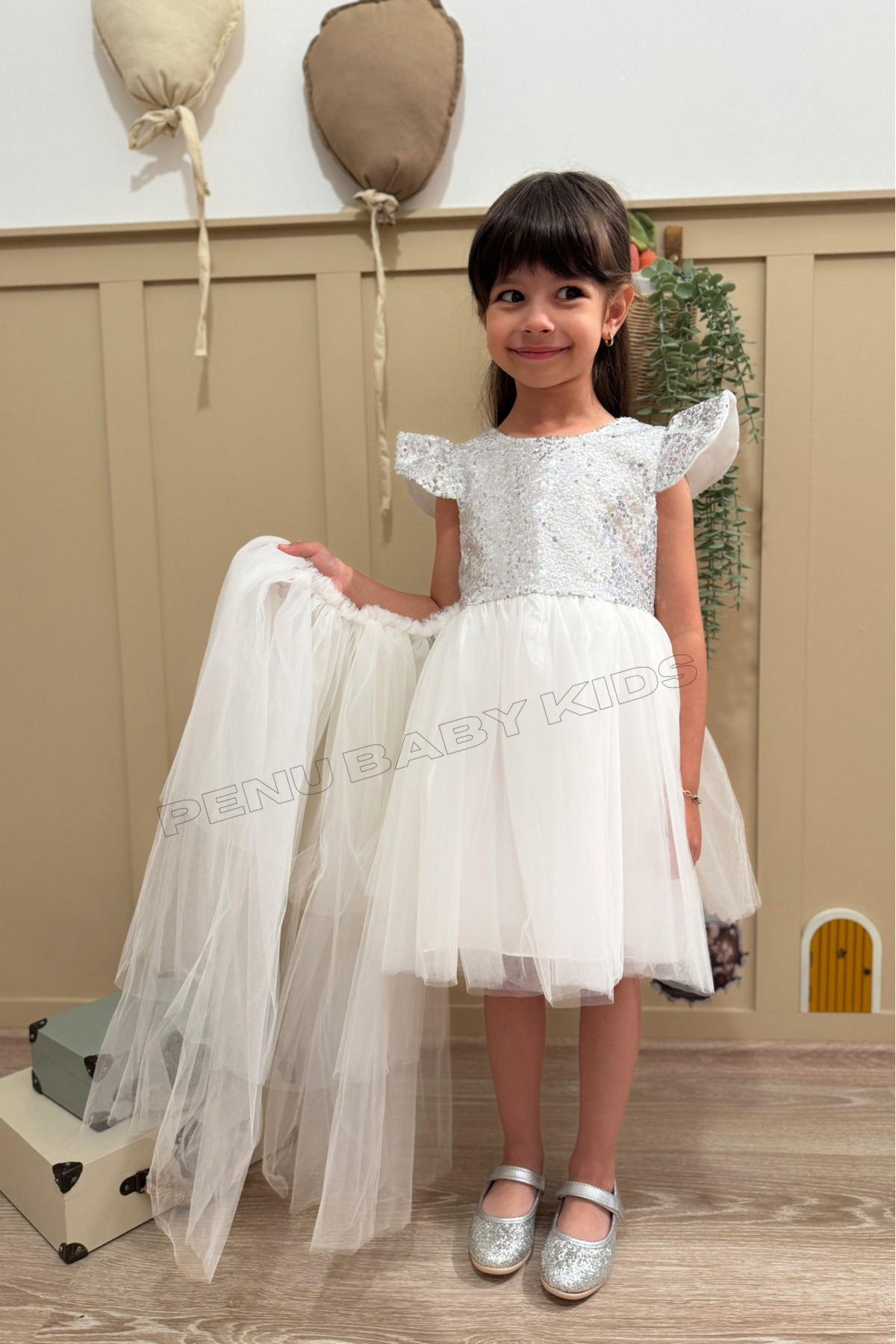 penu baby kids Beyaz Payetli Kısa Kol Tül Etekli Kız Bebek Elbise - Elizabeth fotoğrafı 3 (önizleme)