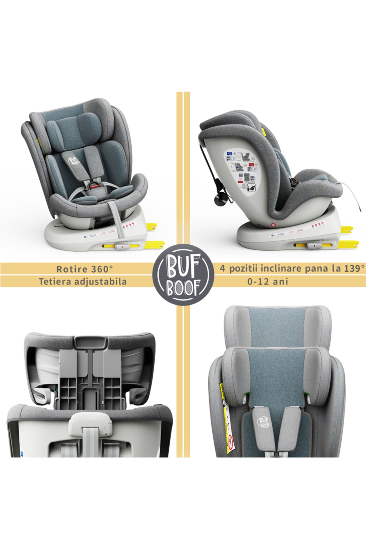 BUF BOOF-Scaun auto TWT Plus iSize Buf Boof LightBlue isofix Rotativ 360 Pozitie Somn Top Tether 40-150 cm 3