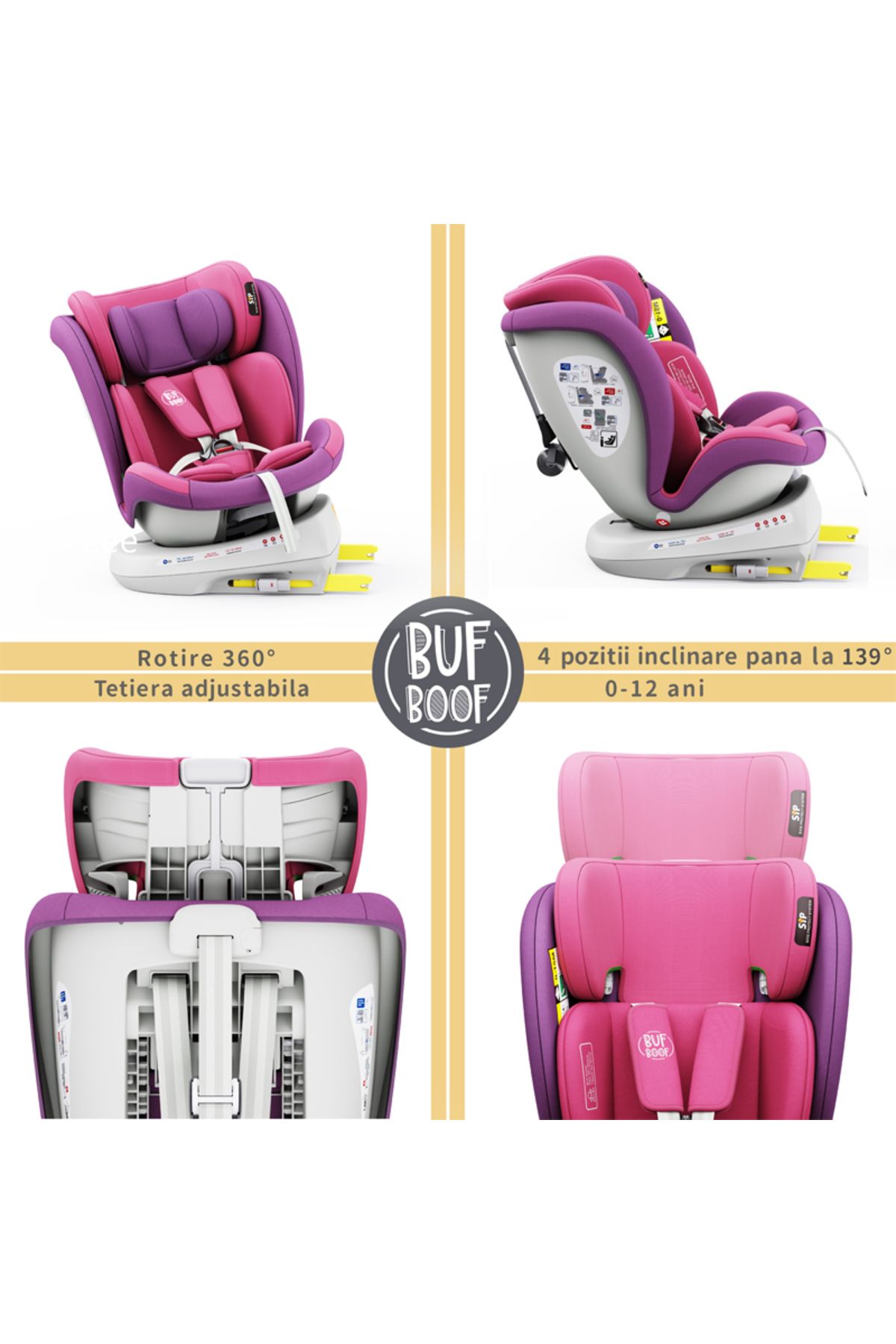 BUF BOOF-Scaun auto TWT Plus iSize Buf Boof UnicornPink isofix Rotativ 360 Pozitie Somn Top Tether 40-150 cm 2