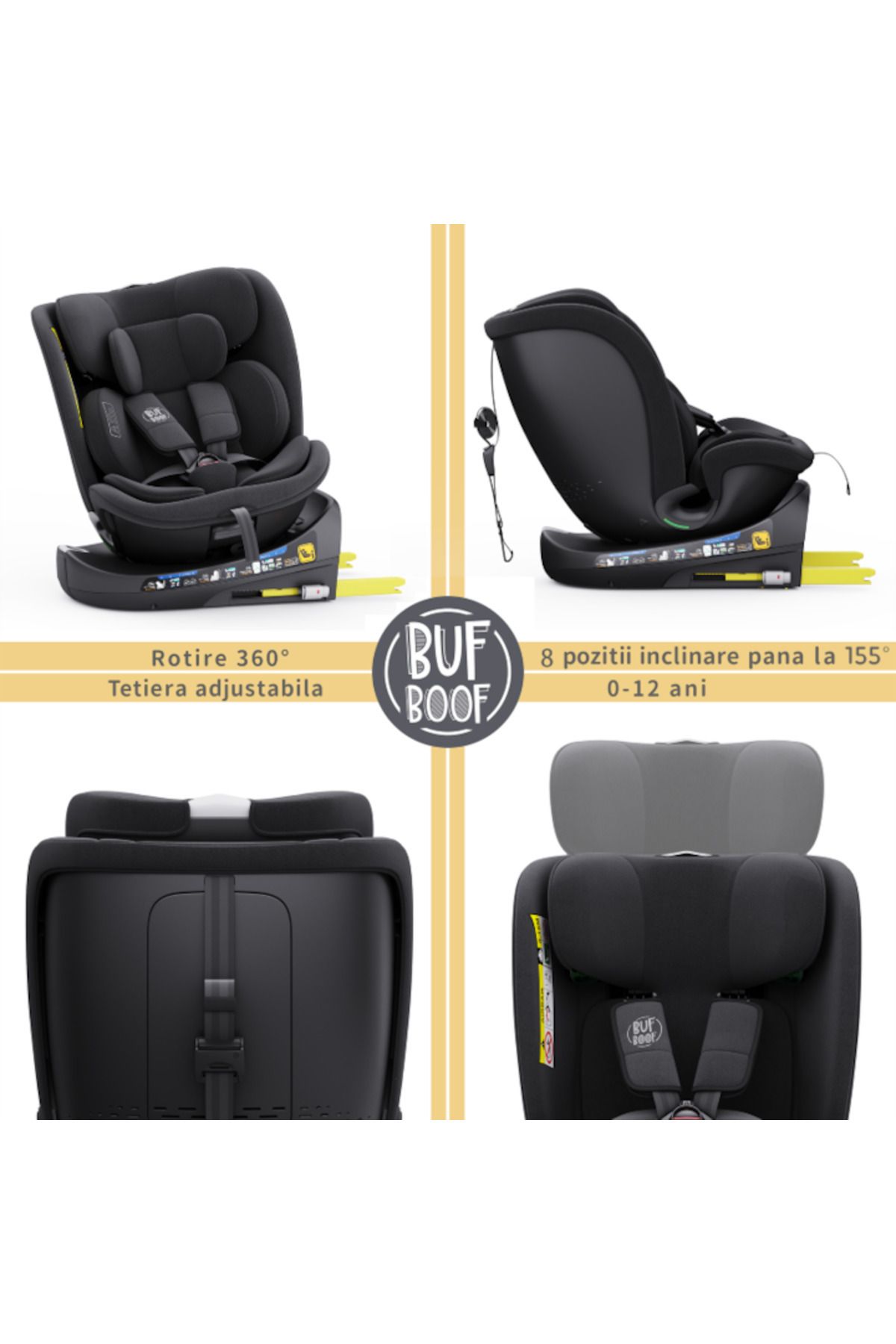 BUF BOOF-Scaun Auto B-Joy DELUXE BUF BOOF iSIZE Black cu Isofix pozitie somn 155 grade rotativ 360 grade 2