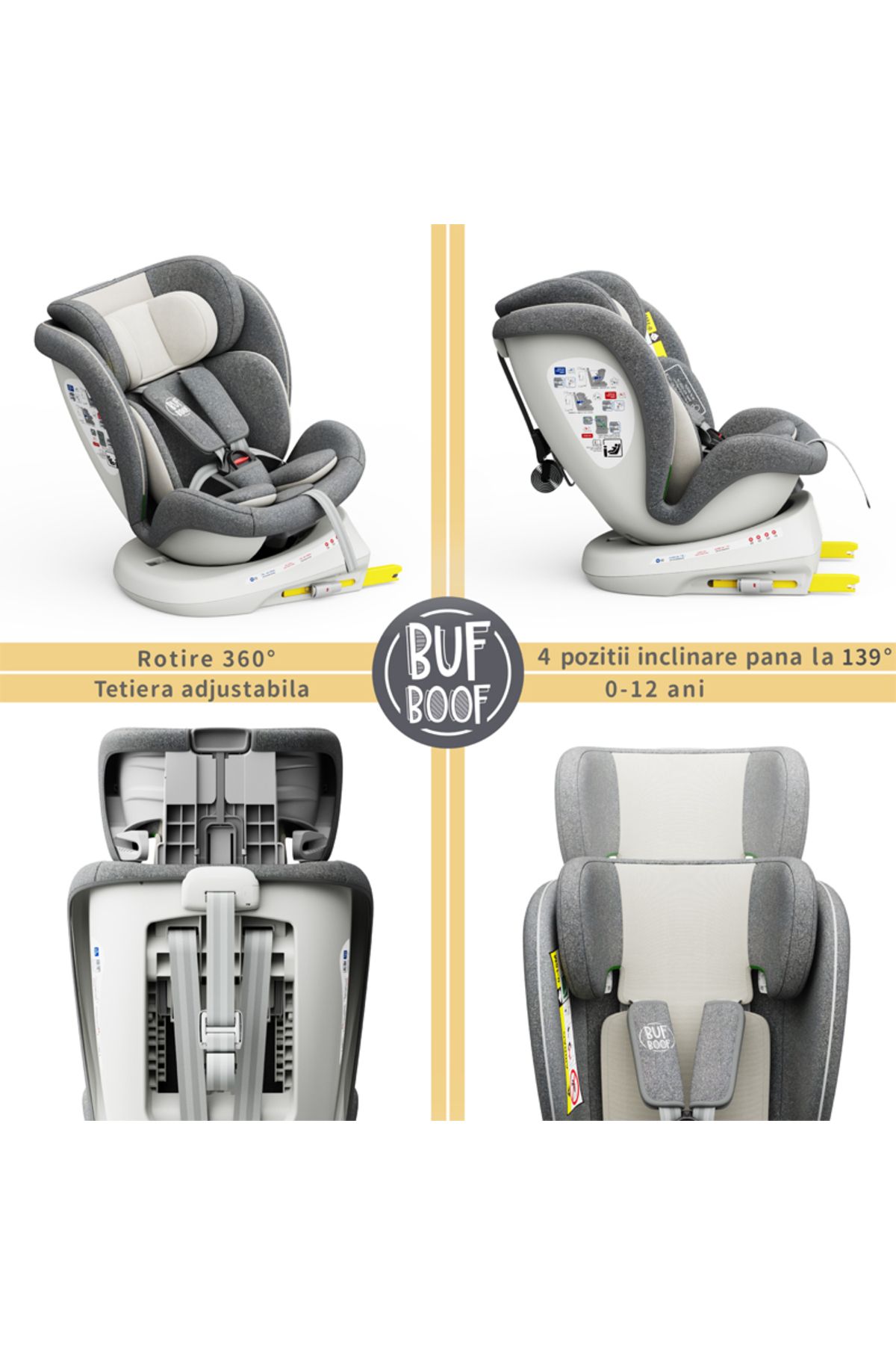 BUF BOOF-Scaun auto TWT Plus iSize Buf Boof CreamGrey cu isofix Rotativ 360 Pozitie Somn Top Tether 40-150 cm 2