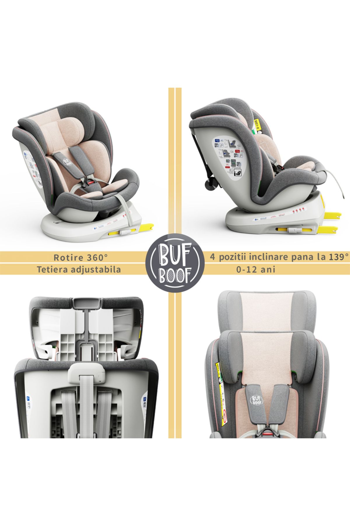 BUF BOOF-Scaun auto TWT Plus iSize Buf Boof Pink isofix Rotativ 360 Pozitie Somn Top Tether 40-150 cm 2