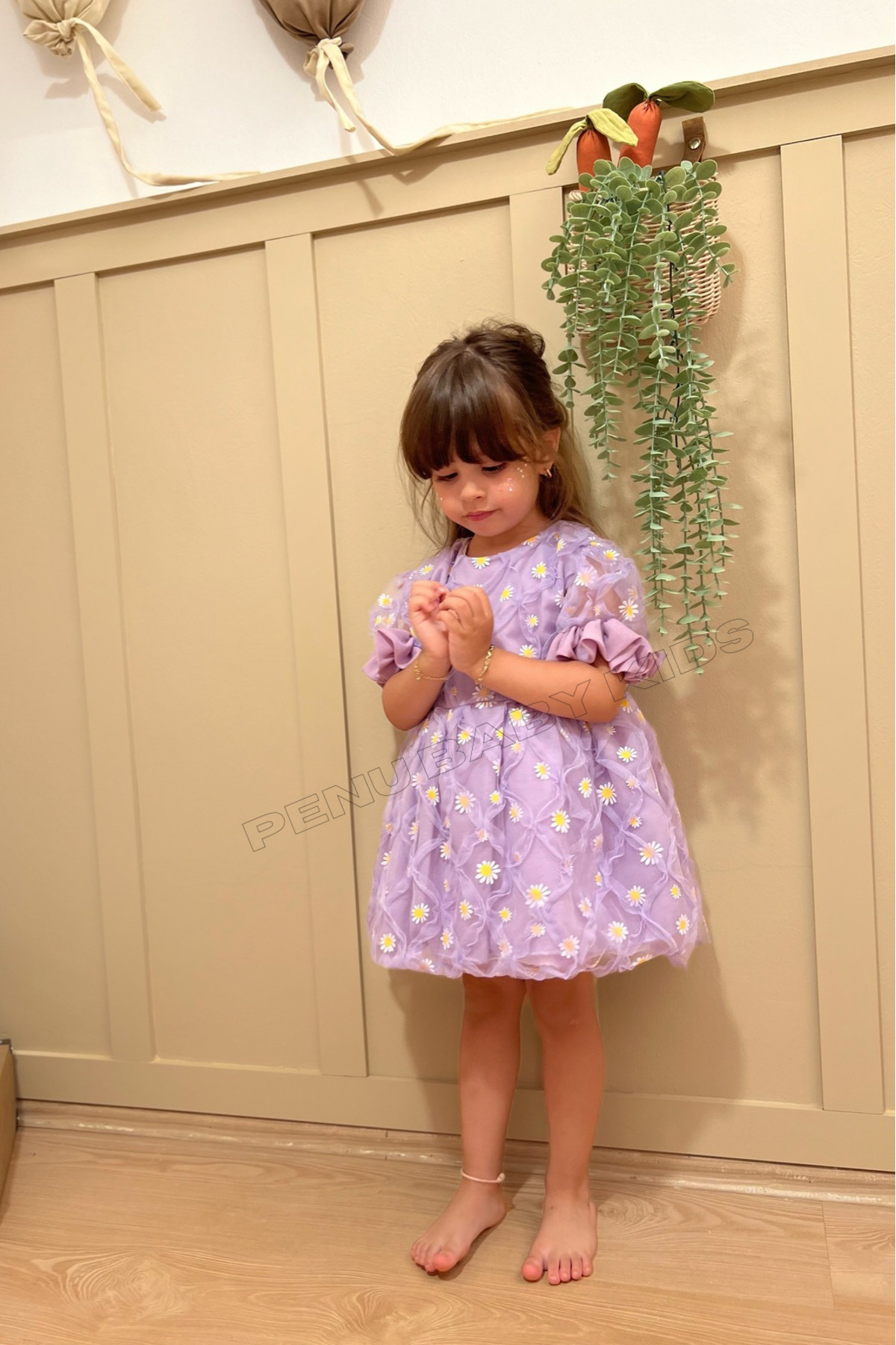 penu baby kids Lila Papatya Nakış Işlemeli Kısa Kol Kız Bebek - Çocuk Elbise - Elisa fotoğrafı 6 (önizleme)