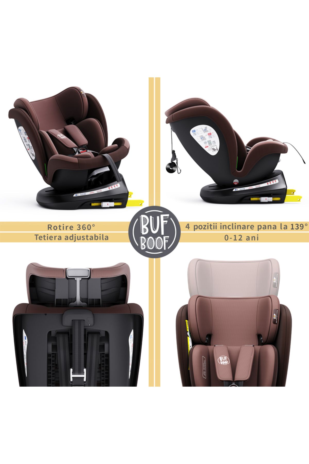BUF BOOF-Scaun auto TWT Plus iSize Buf Boof Coffee isofix Rotativ 360 Pozitie Somn Top Tether 40-150 cm 2