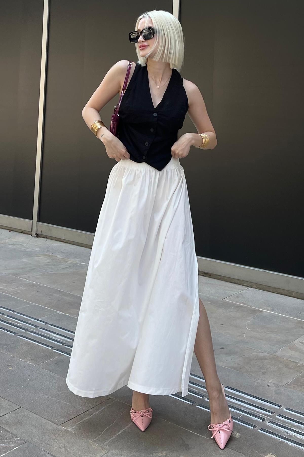Madmext-MG2092 Model White Basic Midi hasított szoknya 7