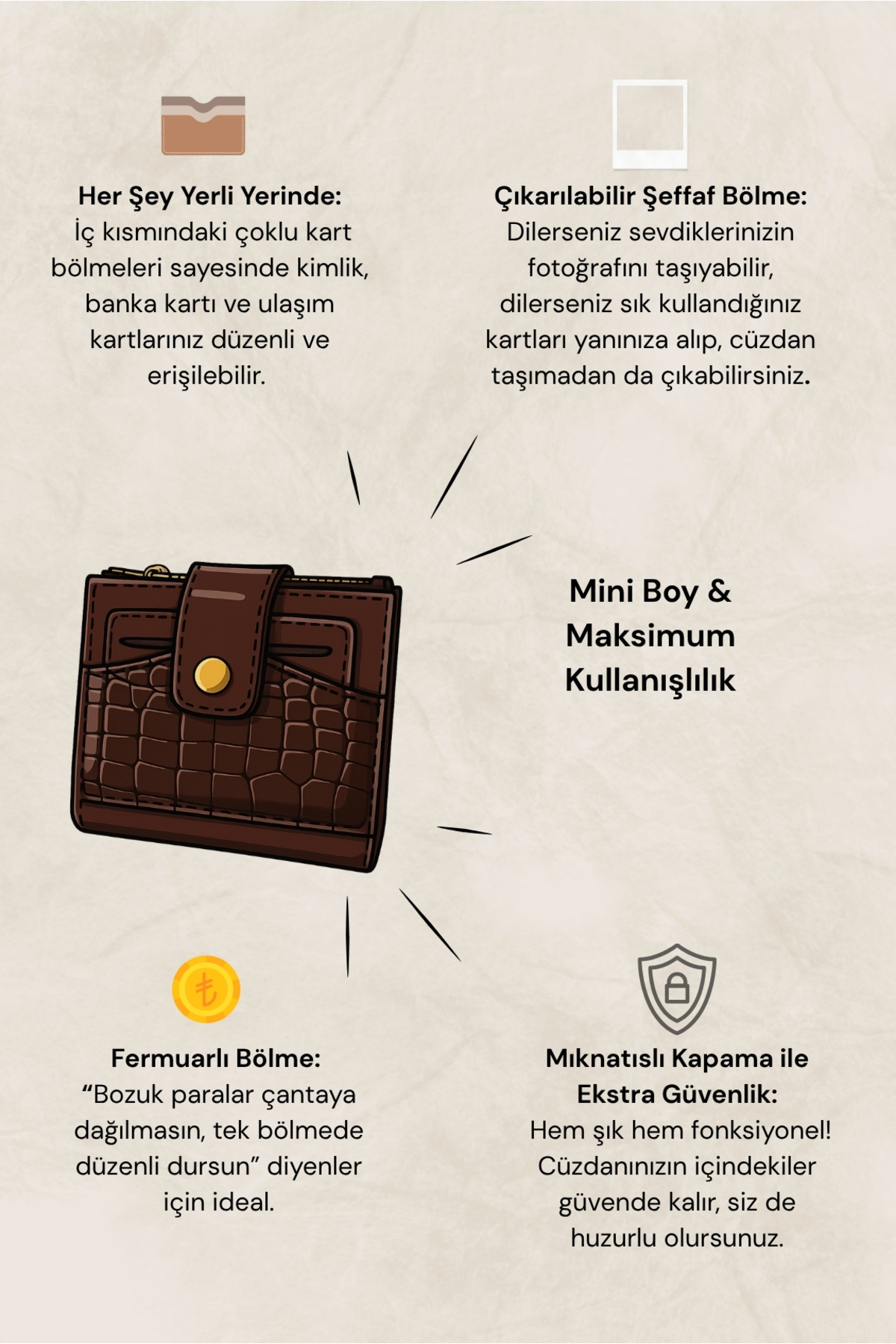 Yuka Atelier Ela Orta Boy Ayrılabilir Kartlık Detaylı Suni Deri Cüzdan görsel 6