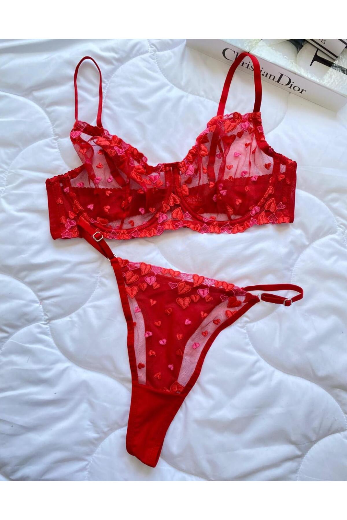 dem merys  Kırmızı Kalpli C Kap Büyük Beden Sütyen Takımı - Görsel 4
