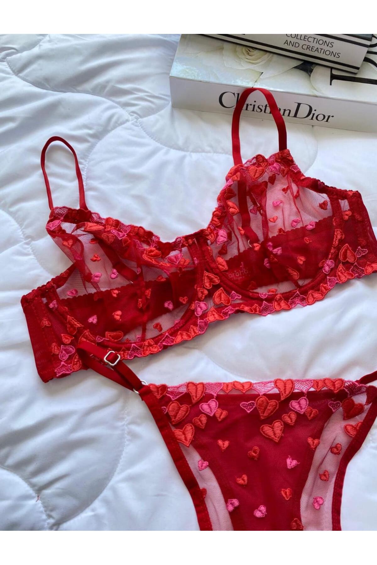 dem merys  Kırmızı Kalpli C Kap Büyük Beden Sütyen Takımı - Görsel 3